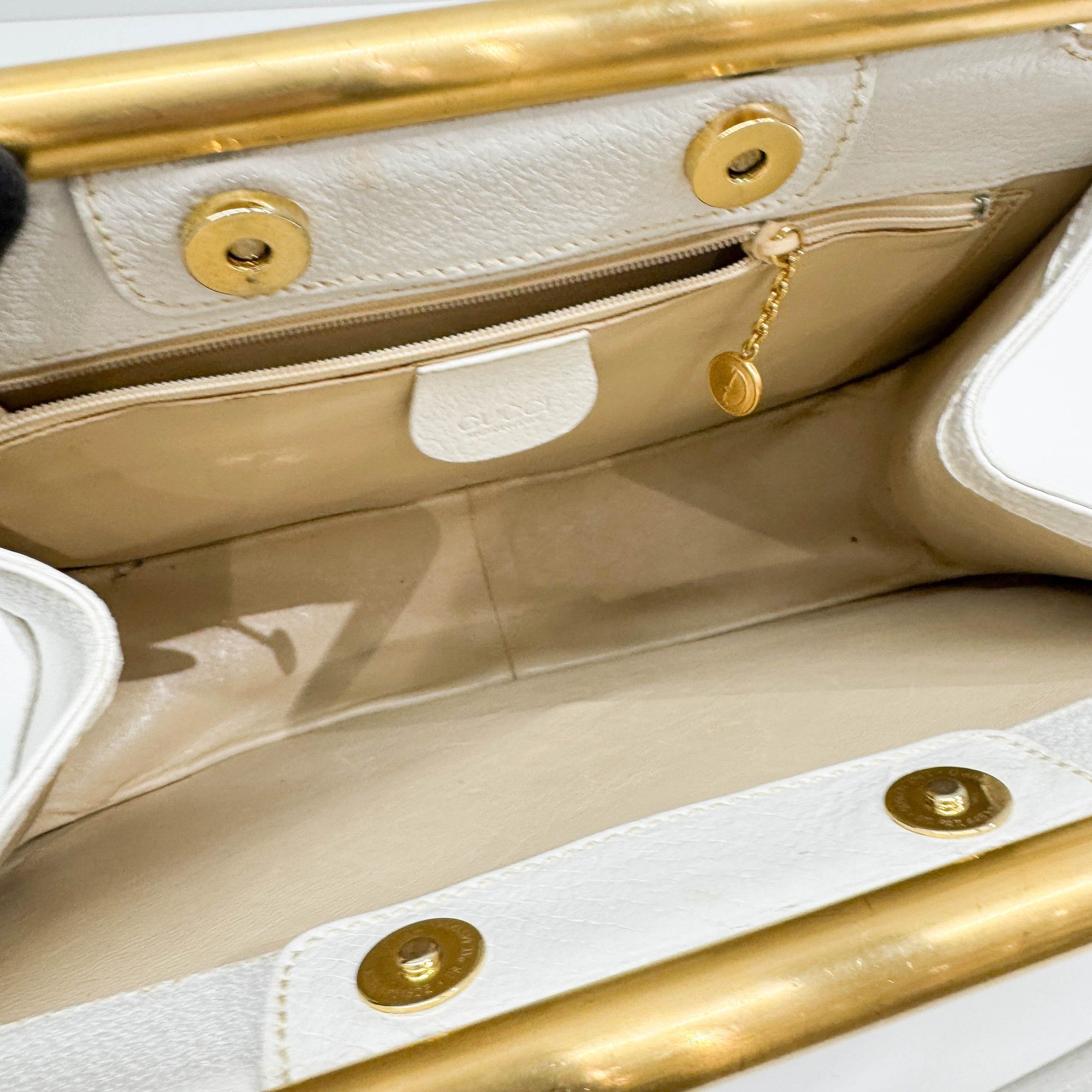 Softbit Gold Trim White Leather Hand Bag