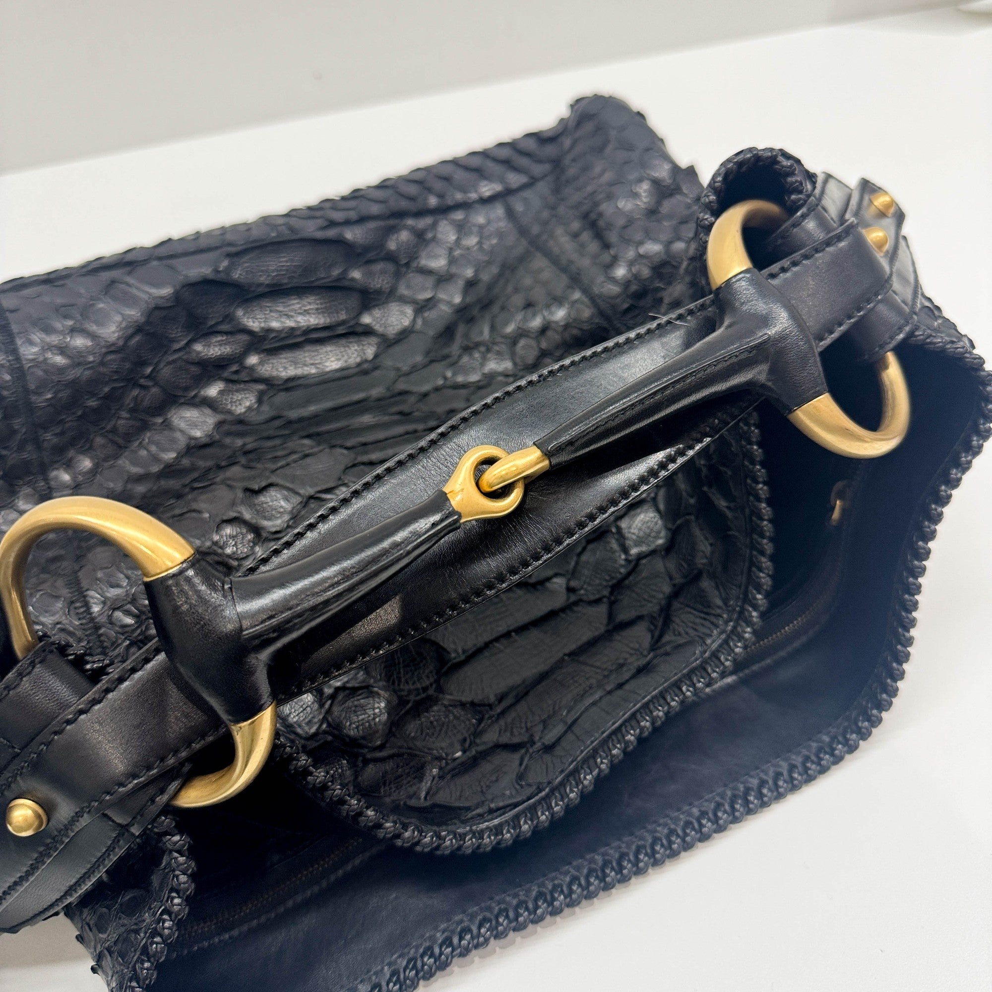 Horsebit Black Python Embossed Leather Hobo Bag