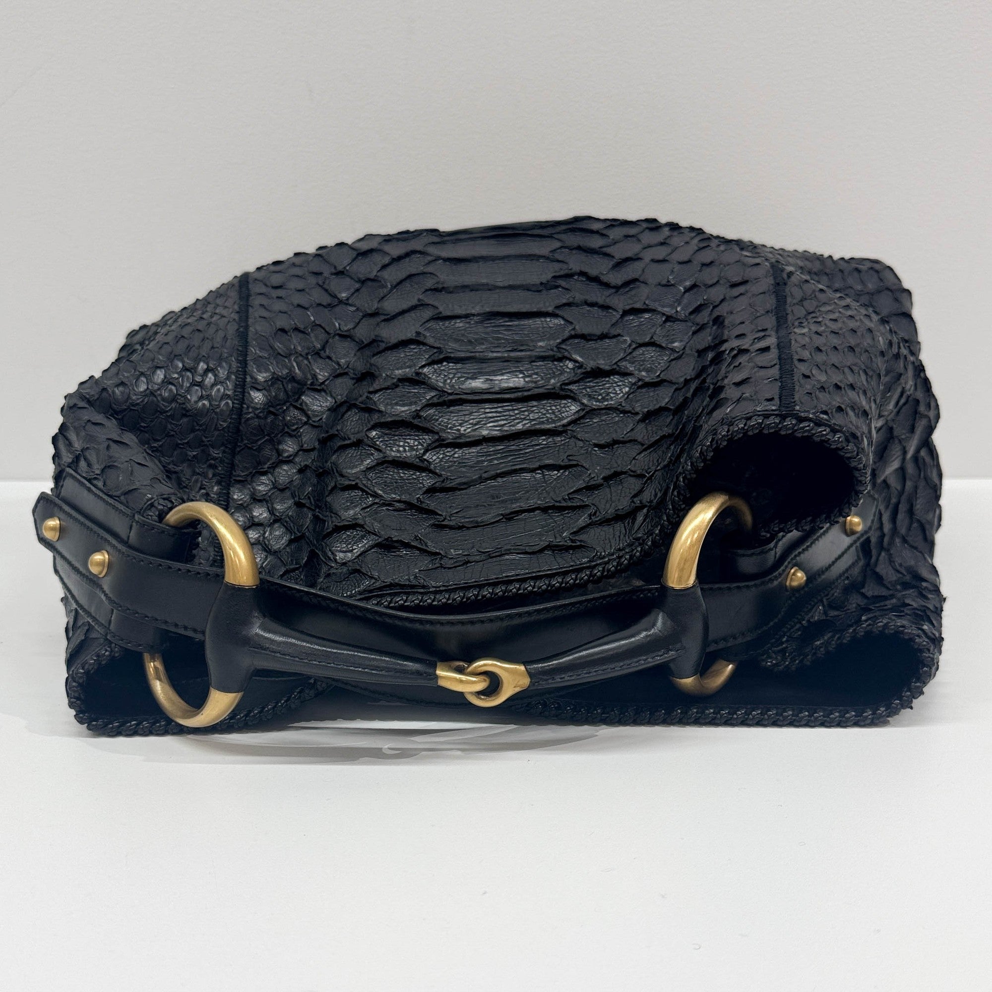 Horsebit Black Python Embossed Leather Hobo Bag