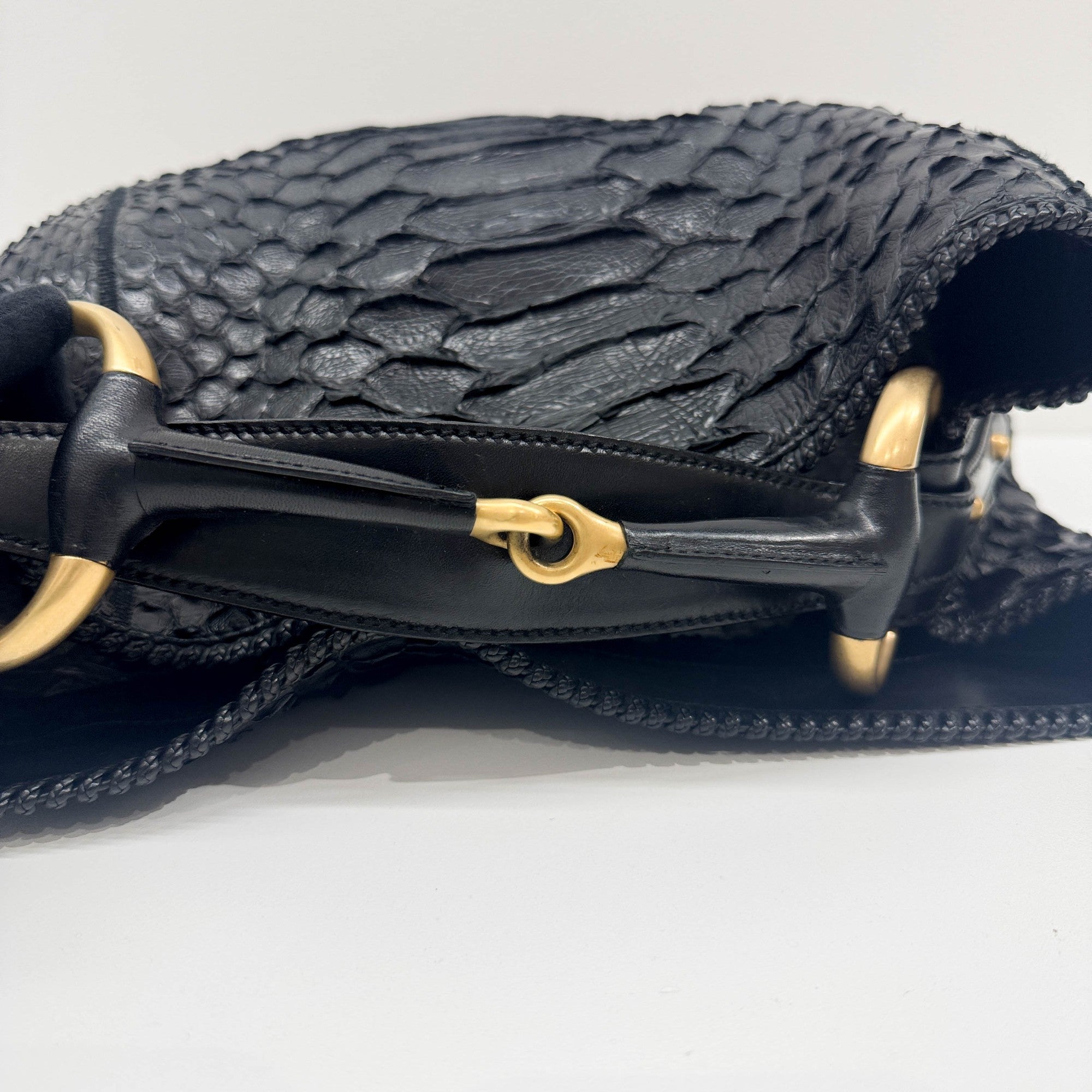 Horsebit Black Python Embossed Leather Hobo Bag