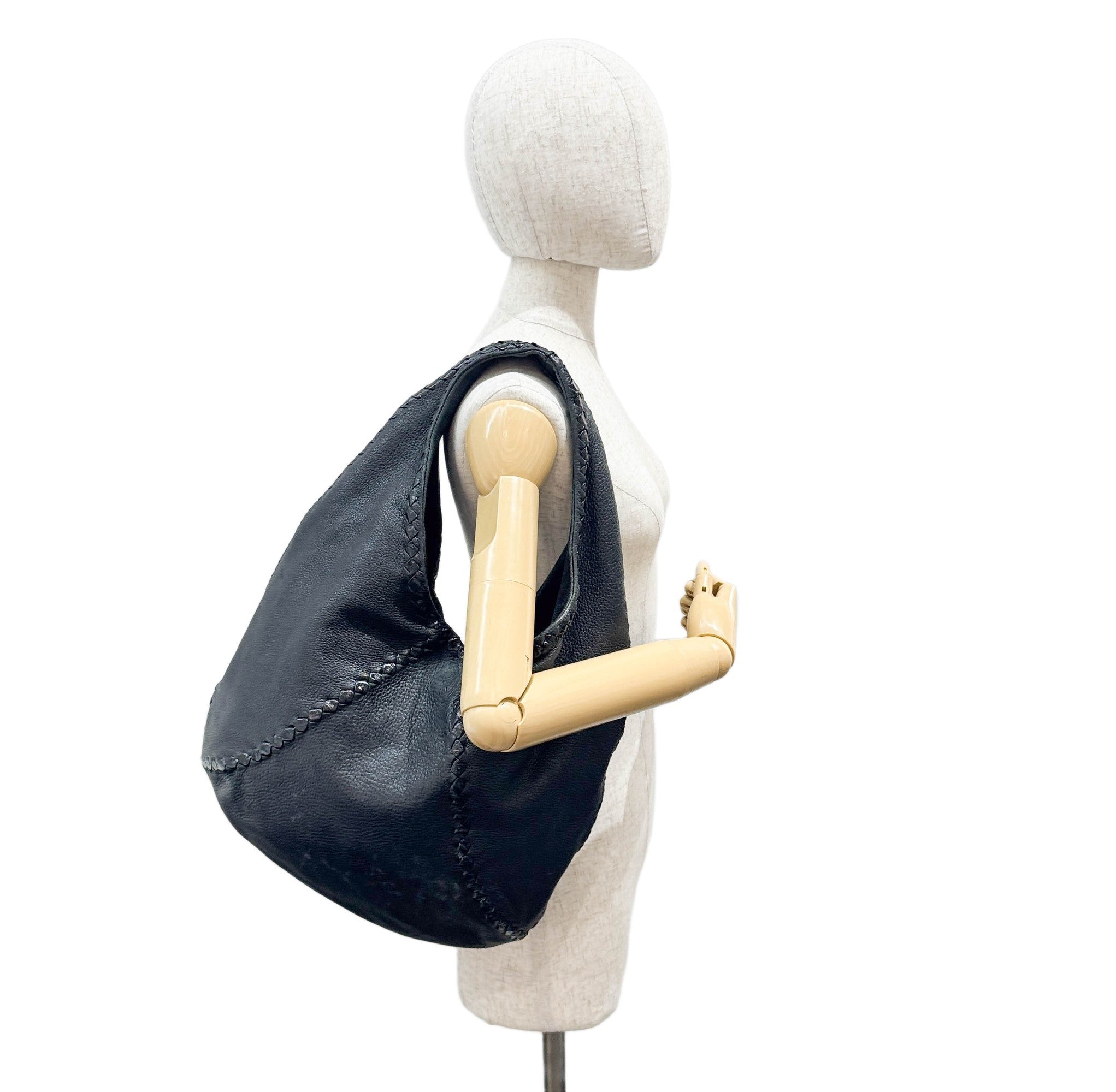 Baseball Cervo Black Leather Hobo Bag