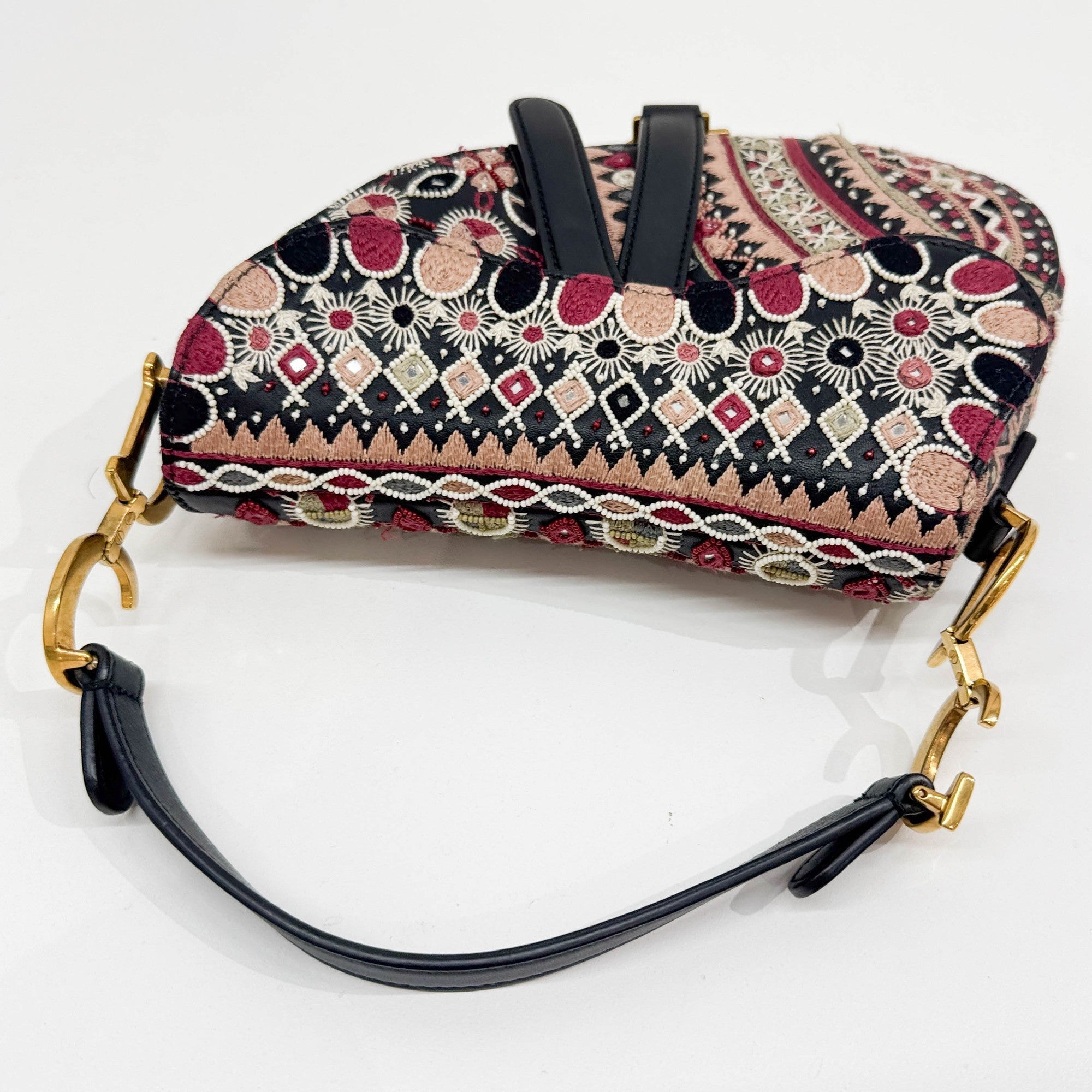 Mini Saddle Embroidered Black Leather Two Way Bag