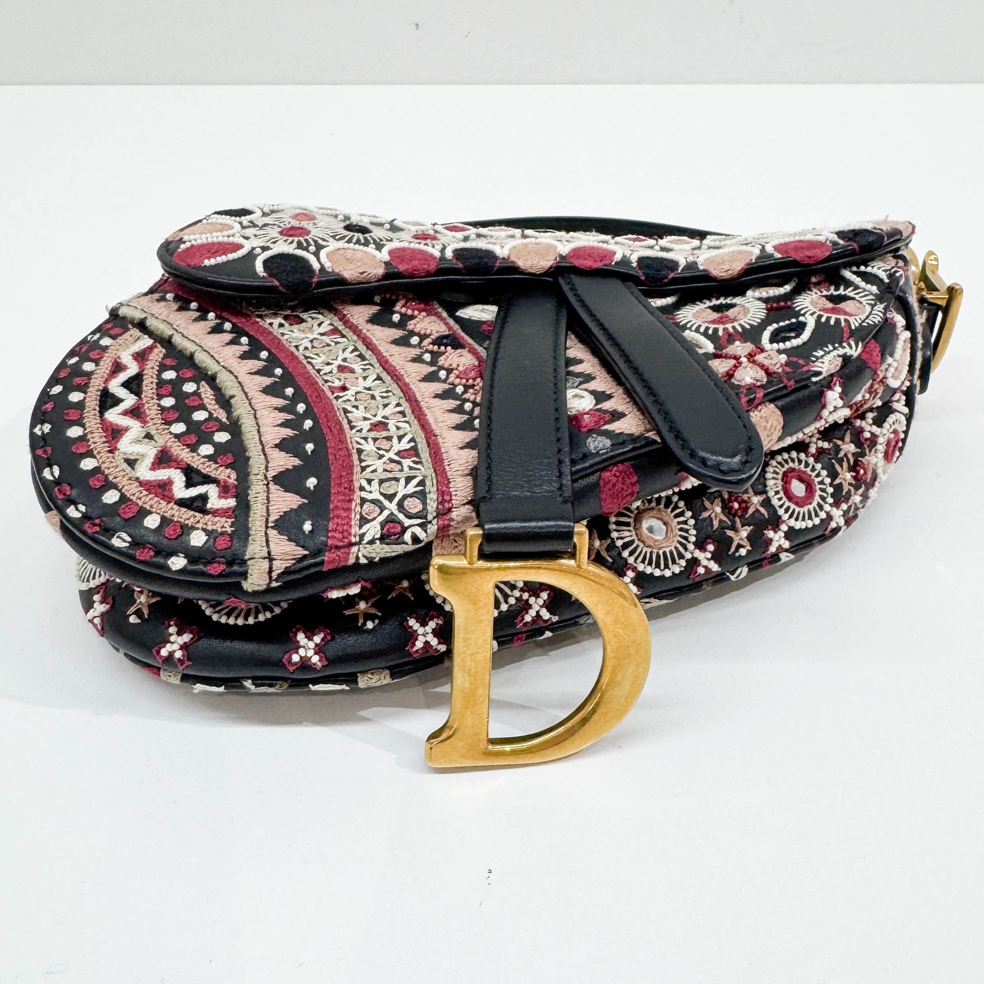 Mini Saddle Embroidered Black Leather Two Way Bag