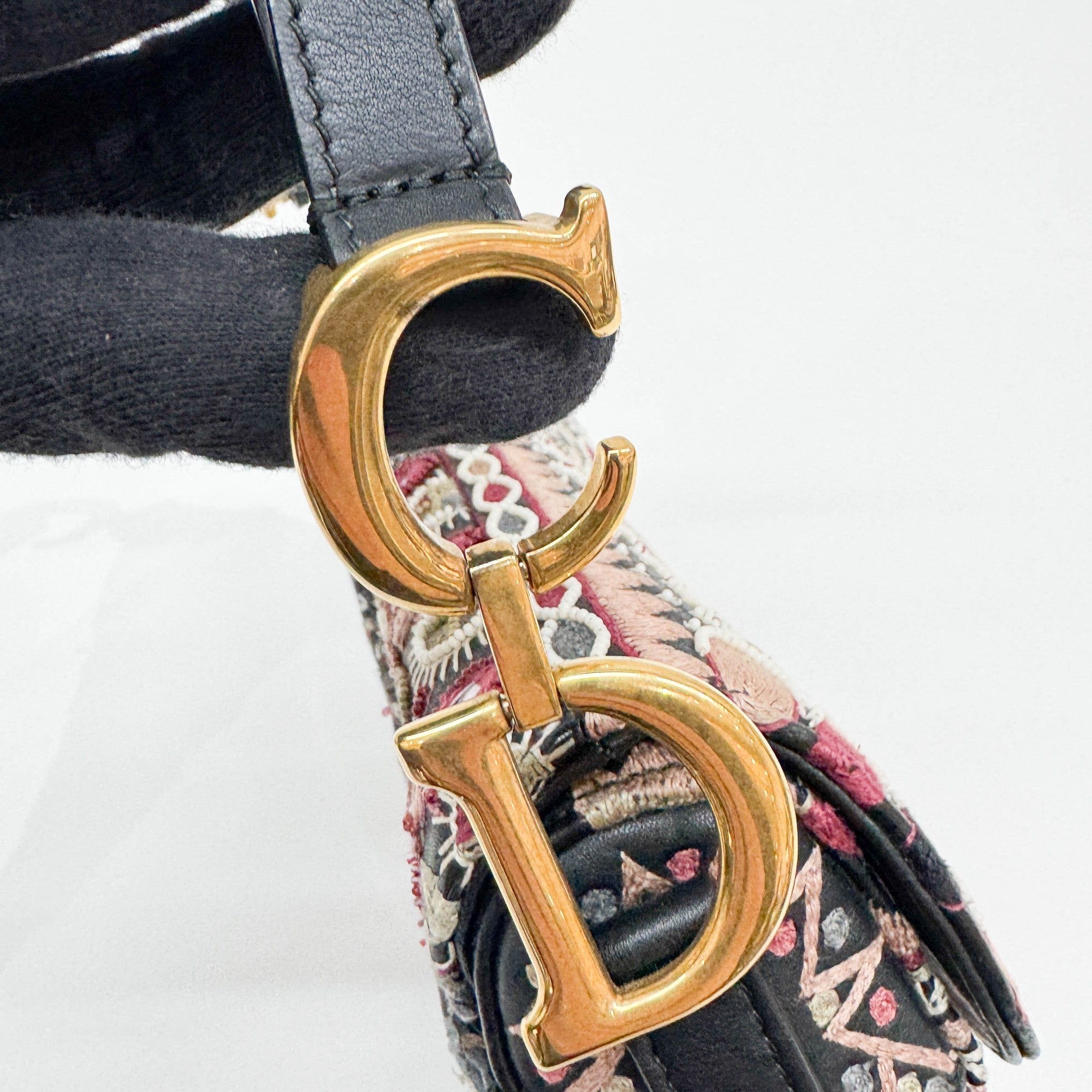 Mini Saddle Embroidered Black Leather Two Way Bag