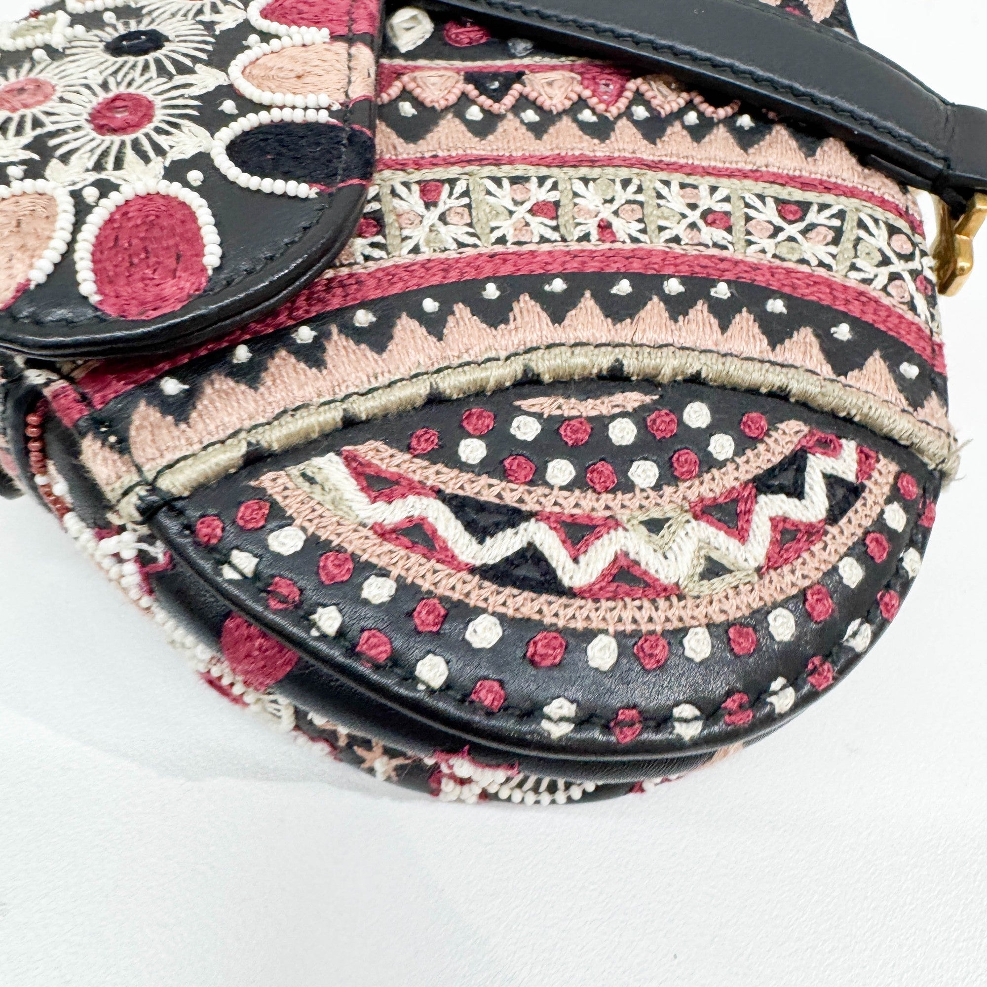 Mini Saddle Embroidered Black Leather Two Way Bag