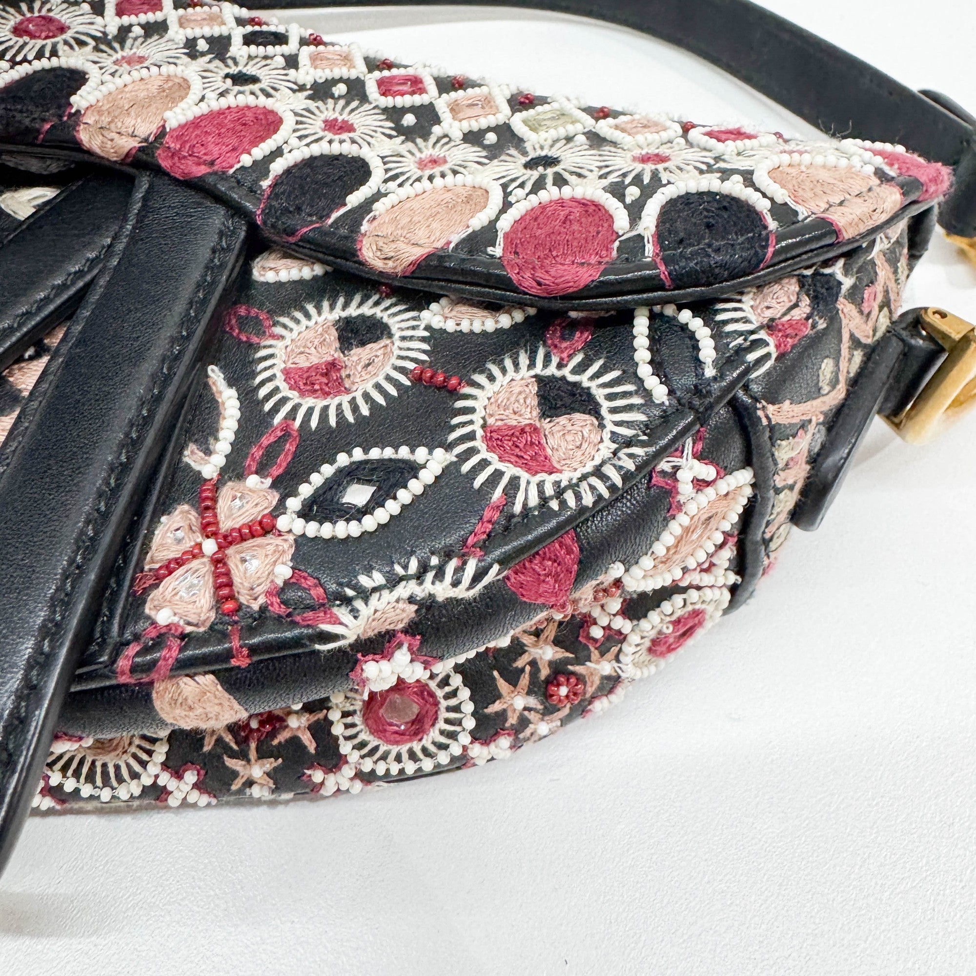 Mini Saddle Embroidered Black Leather Two Way Bag