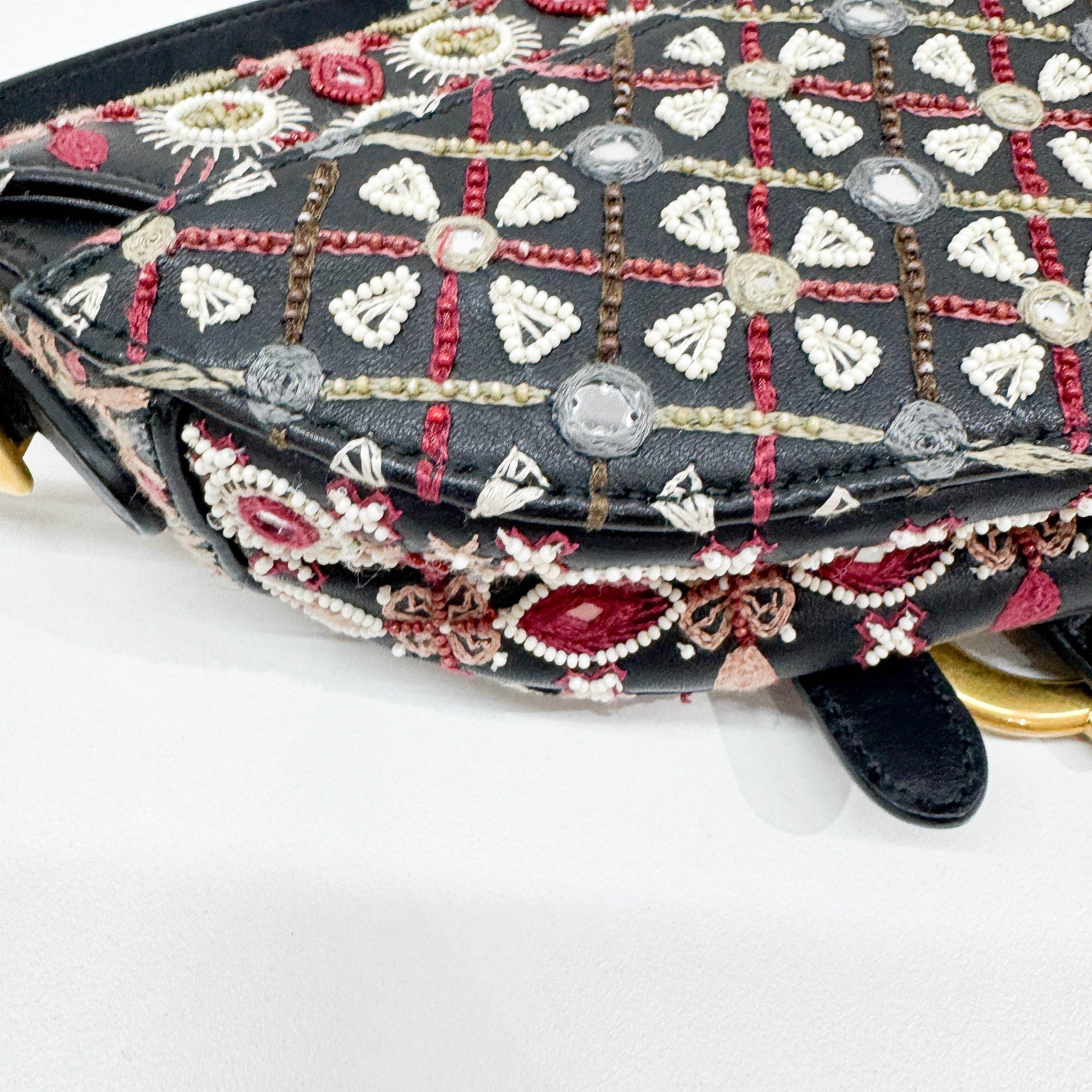 Mini Saddle Embroidered Black Leather Two Way Bag