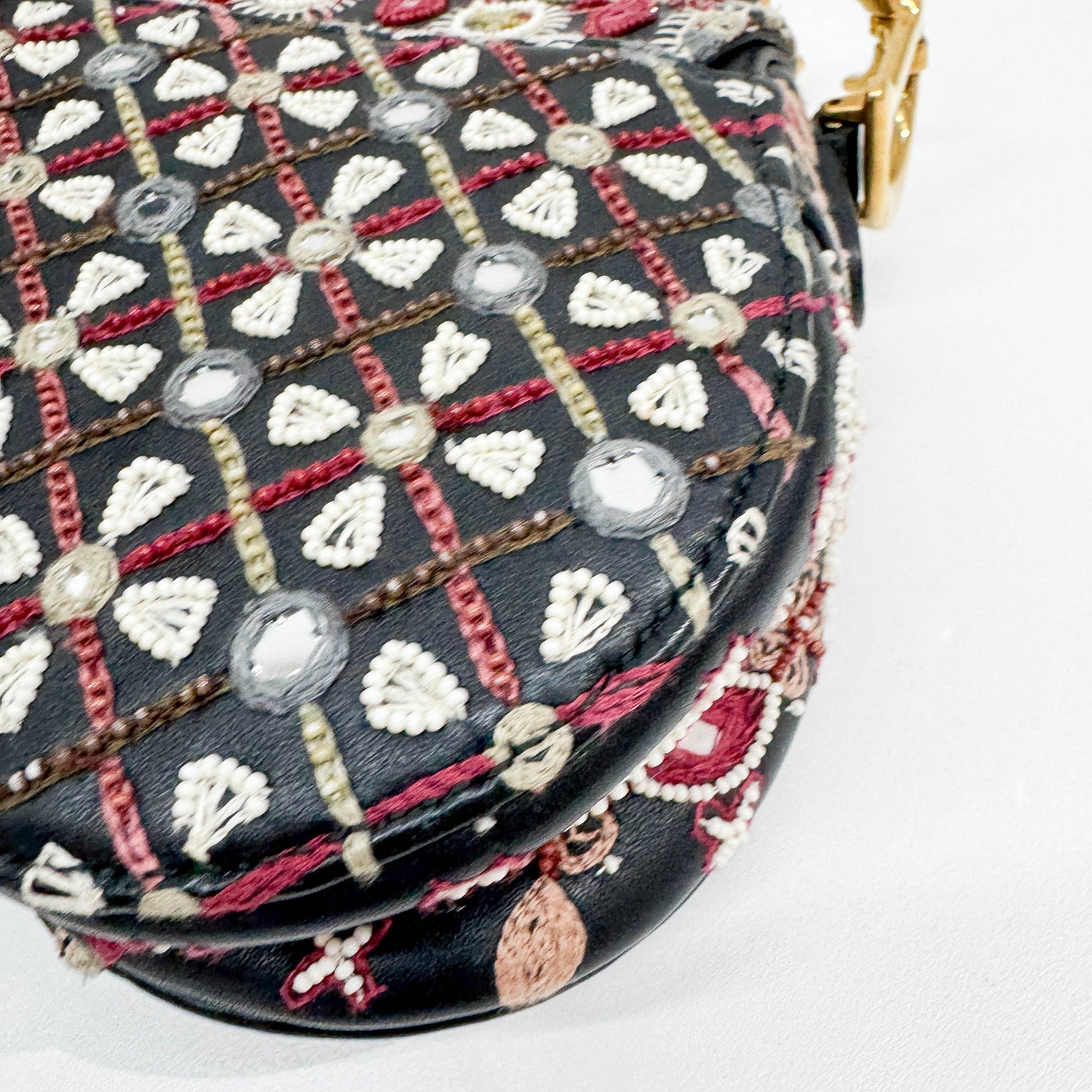 Mini Saddle Embroidered Black Leather Two Way Bag