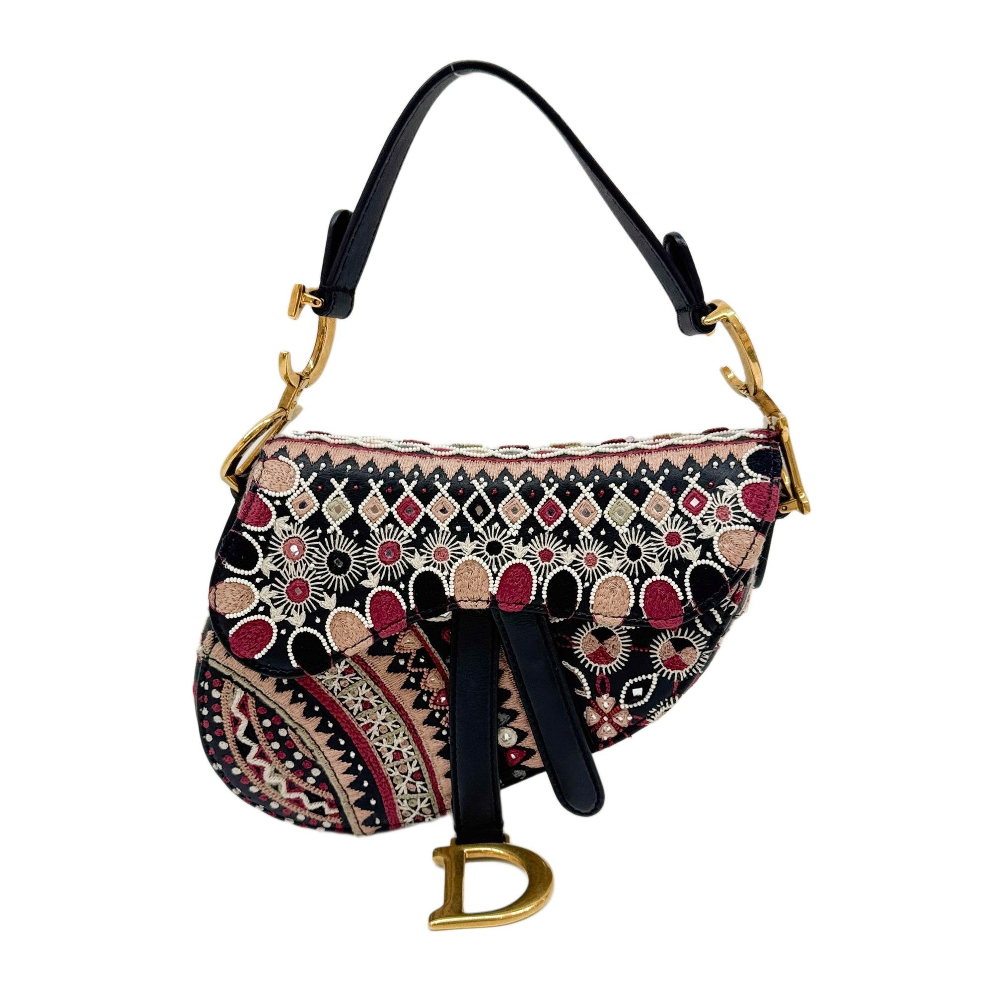 Mini Saddle Embroidered Black Leather Two Way Bag