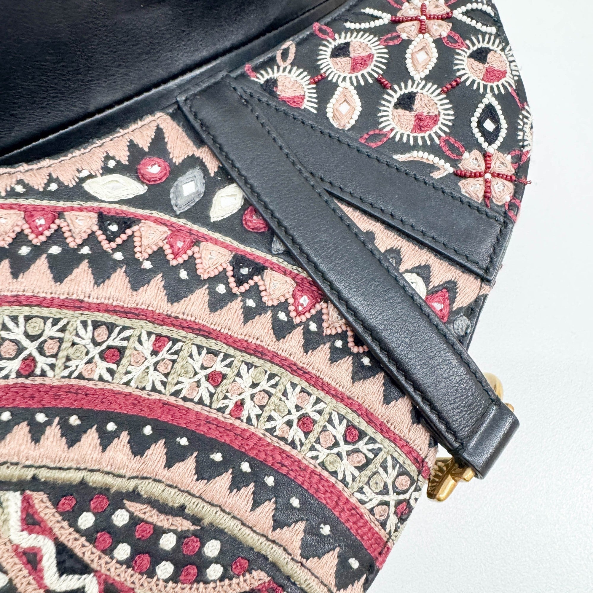 Mini Saddle Embroidered Black Leather Two Way Bag