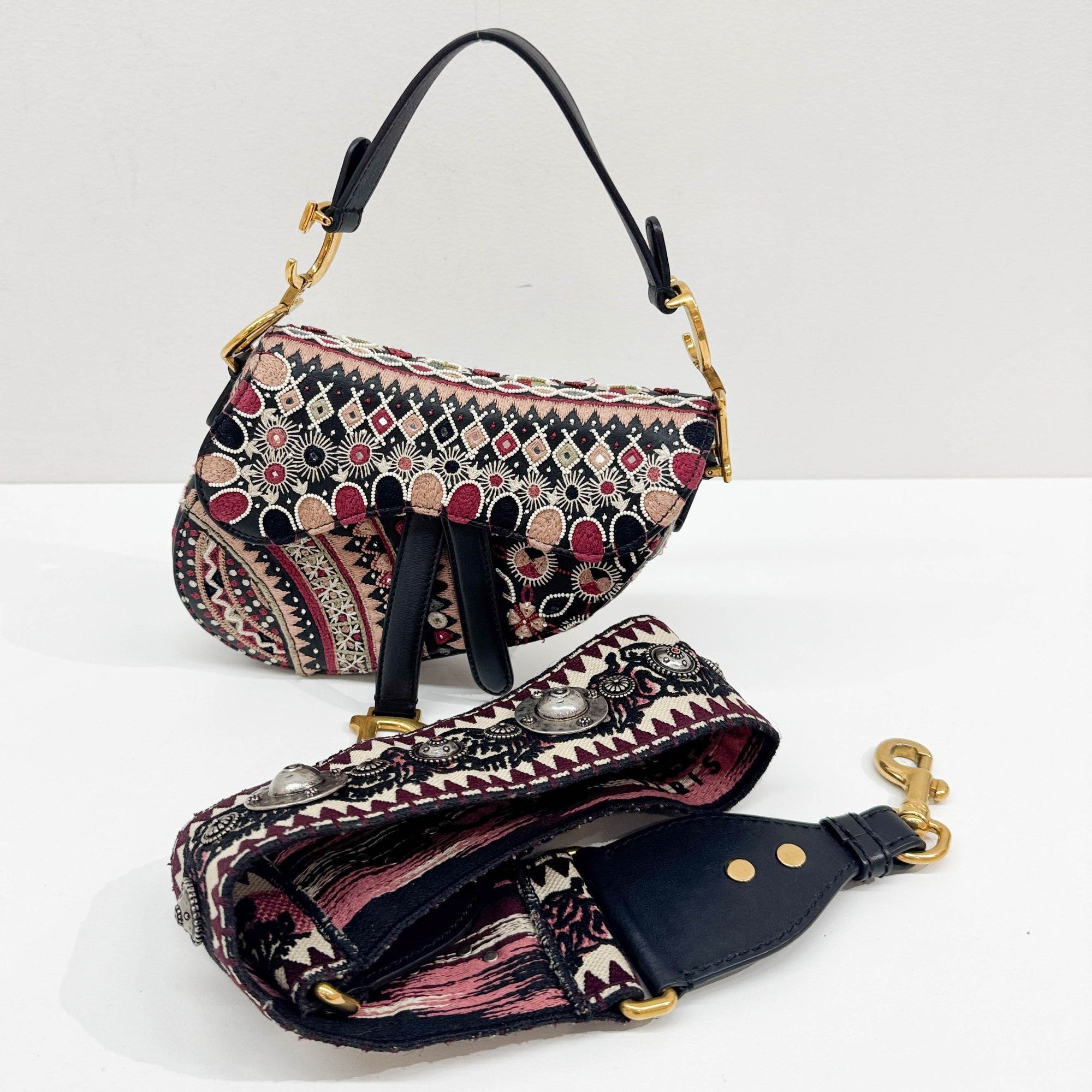 Mini Saddle Embroidered Black Leather Two Way Bag