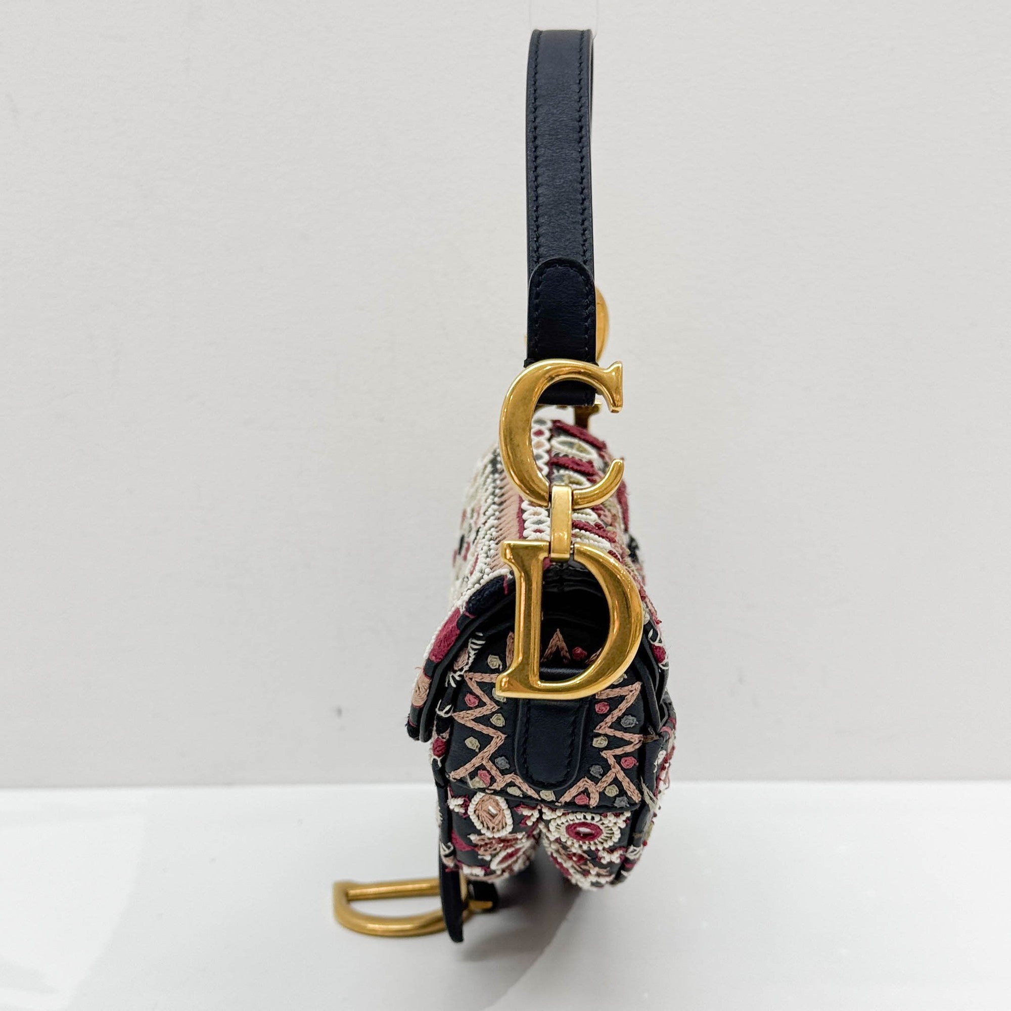 Mini Saddle Embroidered Black Leather Two Way Bag