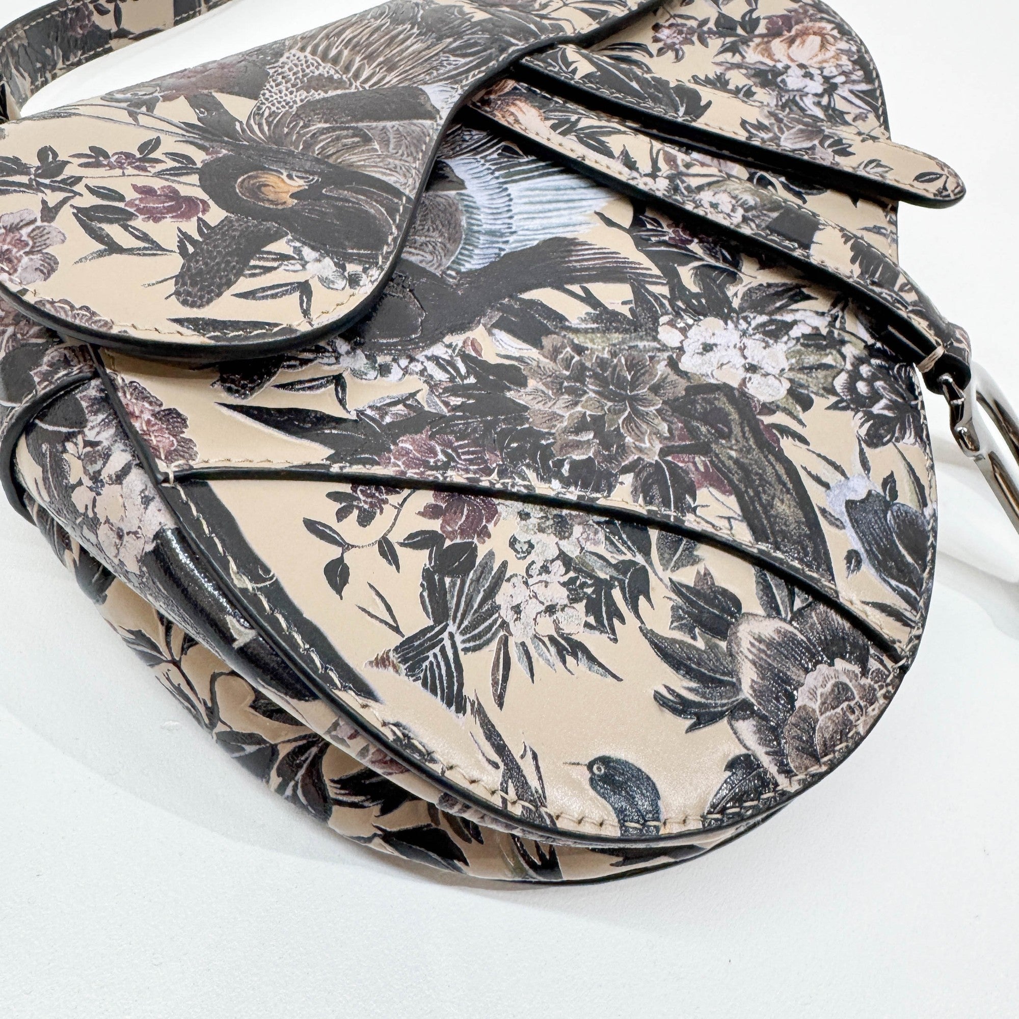 Saddle Birds & Floral Print Beige Leather Two Way Bag