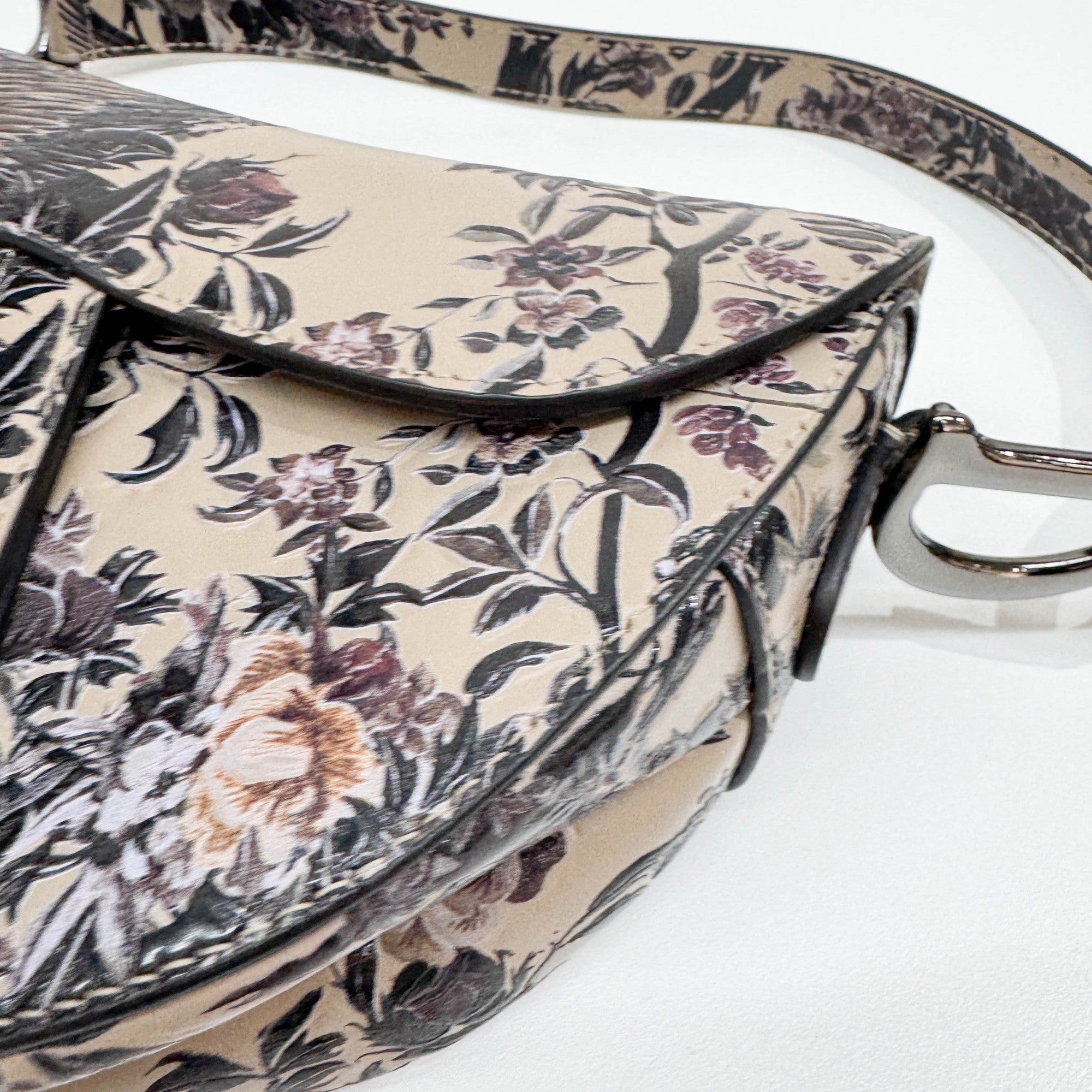 Saddle Birds & Floral Print Beige Leather Two Way Bag