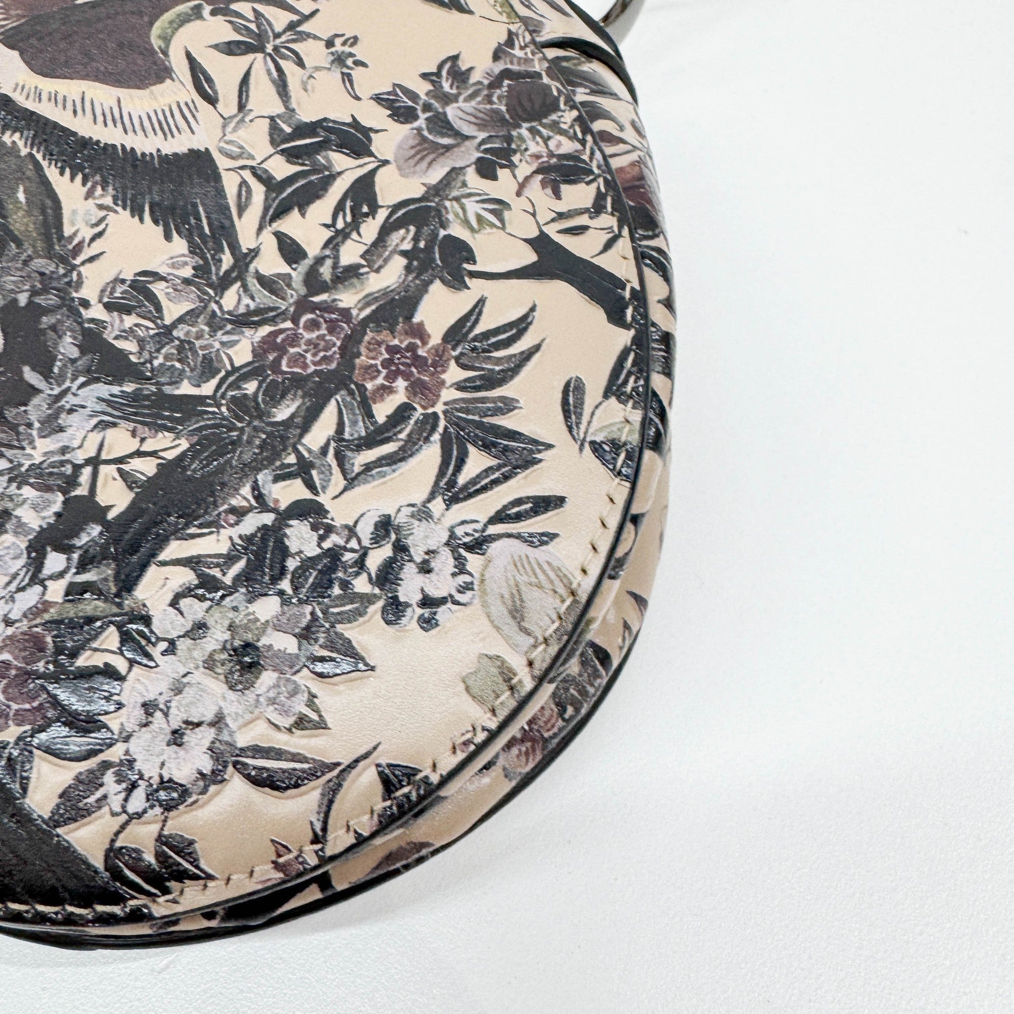 Saddle Birds & Floral Print Beige Leather Two Way Bag