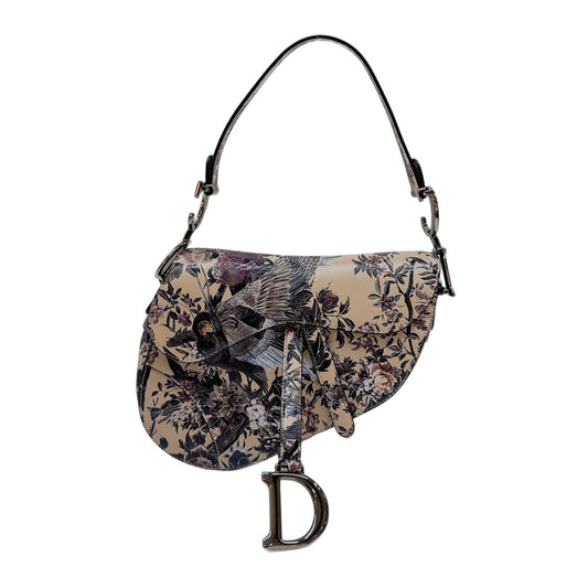 Saddle Birds & Floral Print Beige Leather Two Way Bag