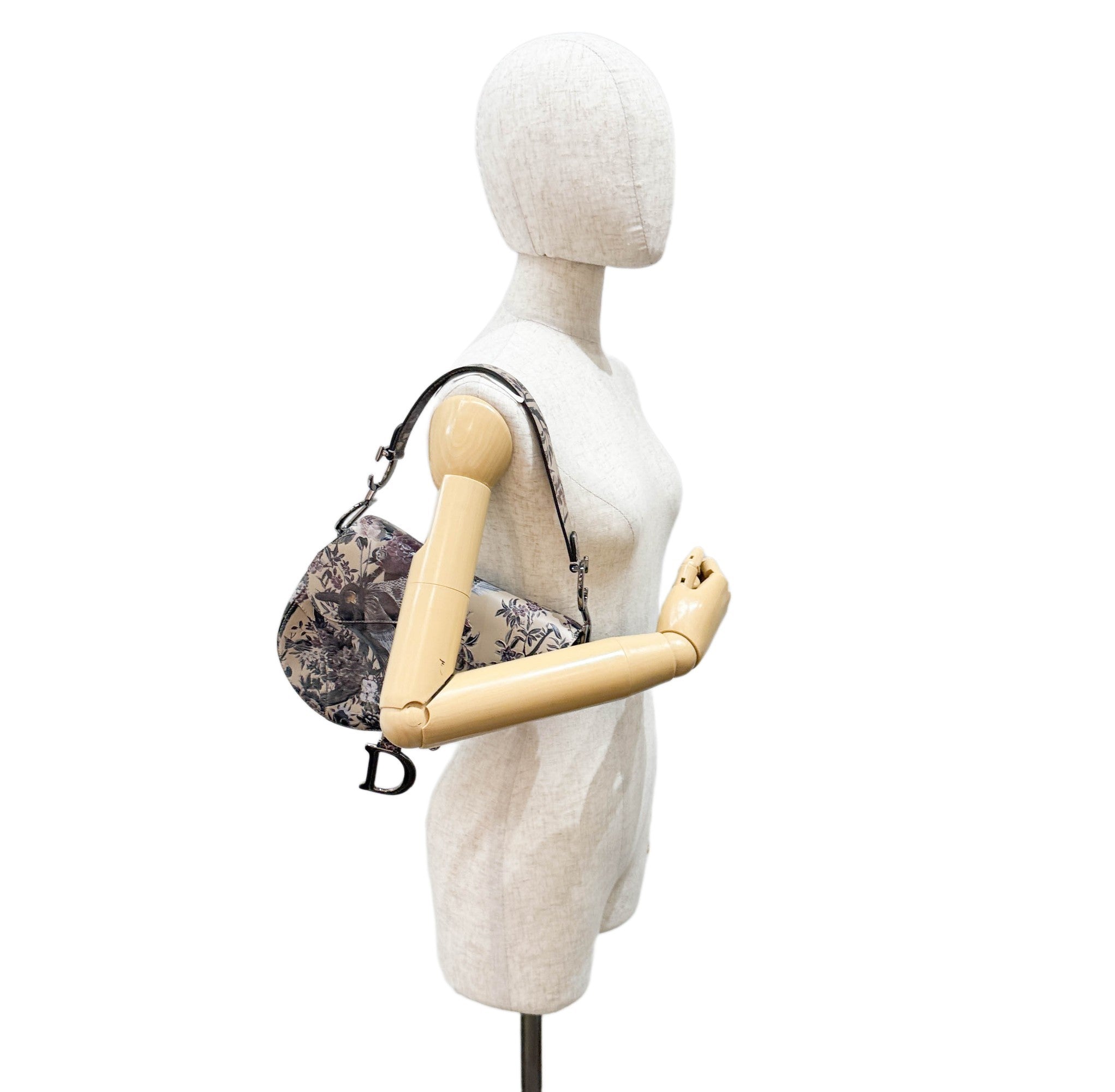 Saddle Birds & Floral Print Beige Leather Two Way Bag