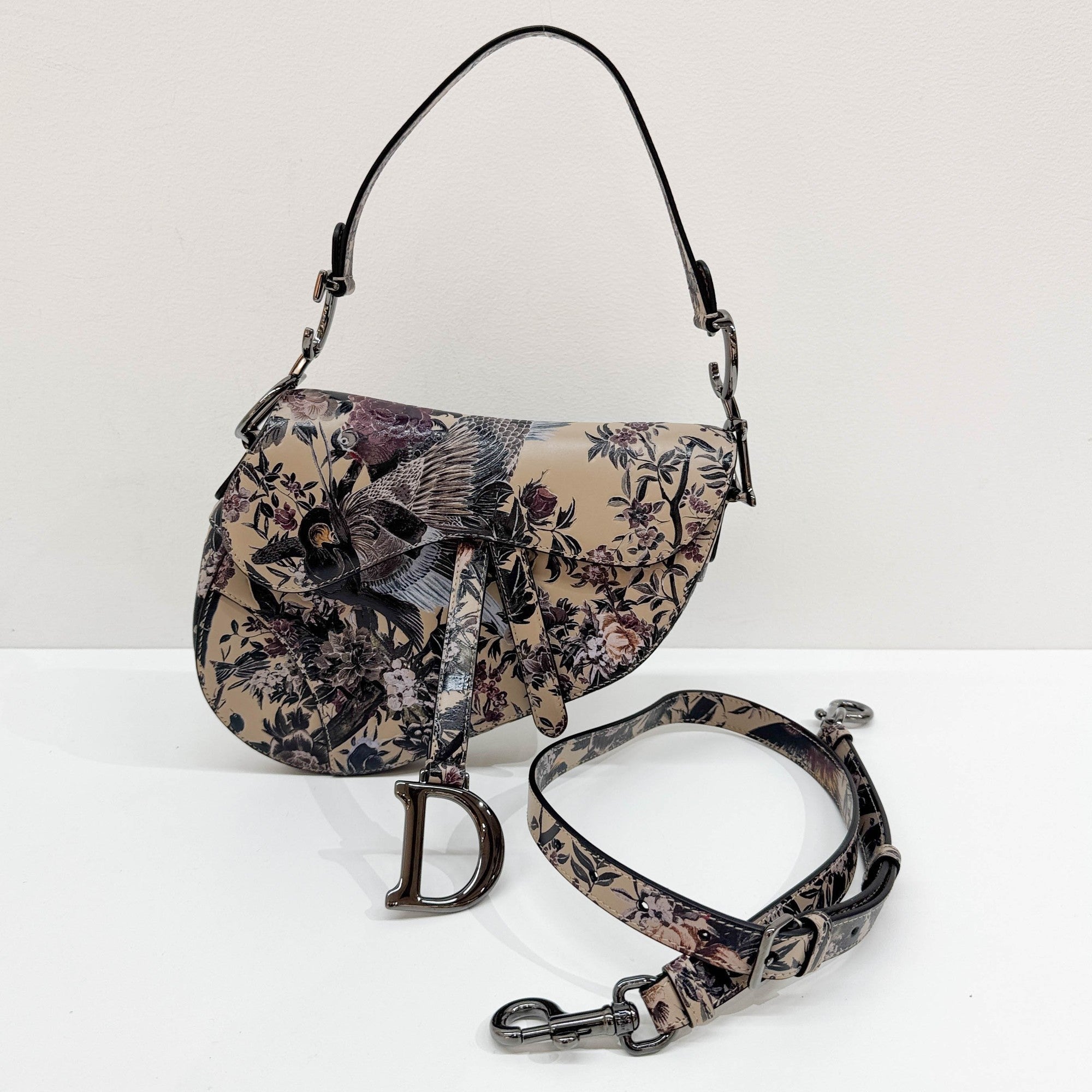 Saddle Birds & Floral Print Beige Leather Two Way Bag