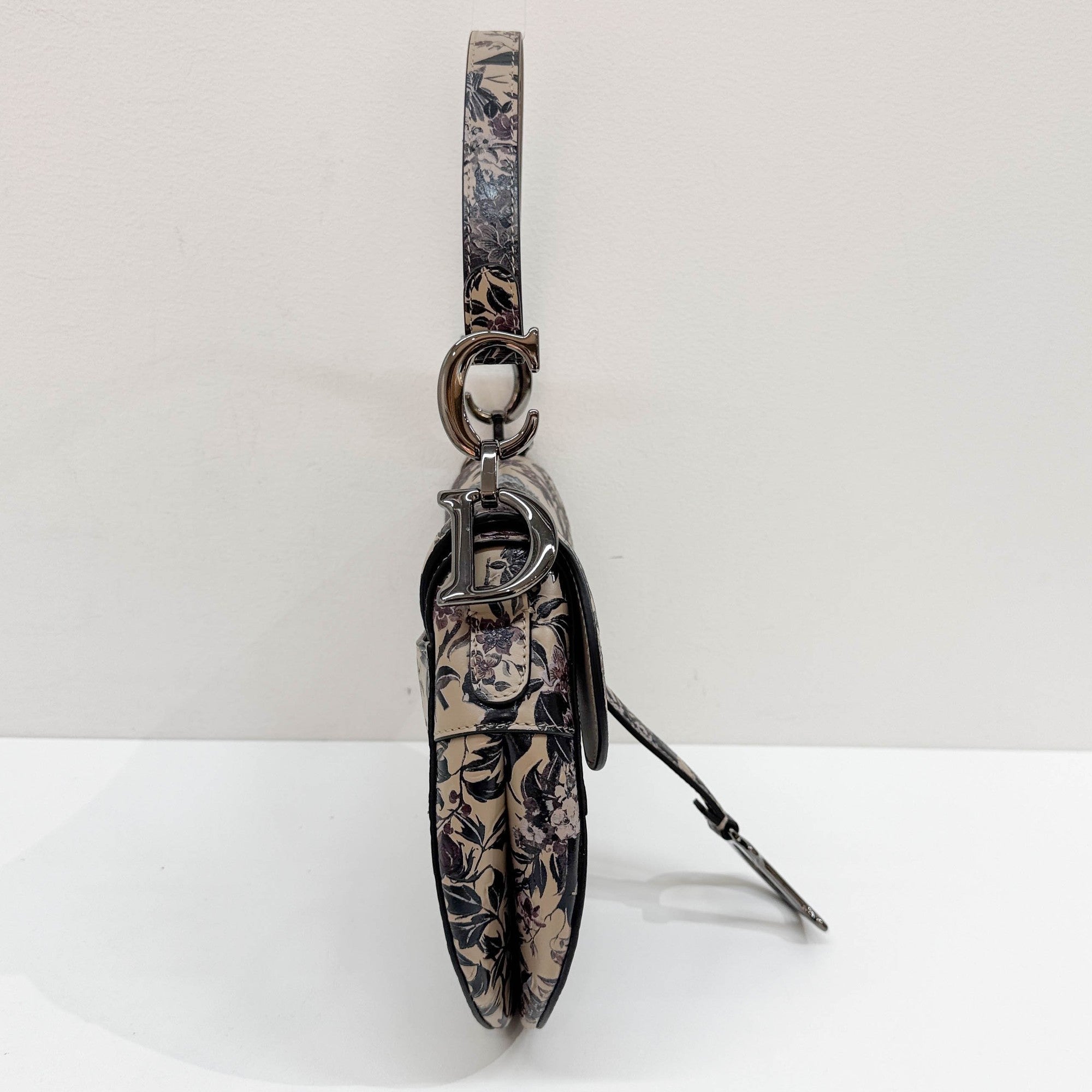 Saddle Birds & Floral Print Beige Leather Two Way Bag