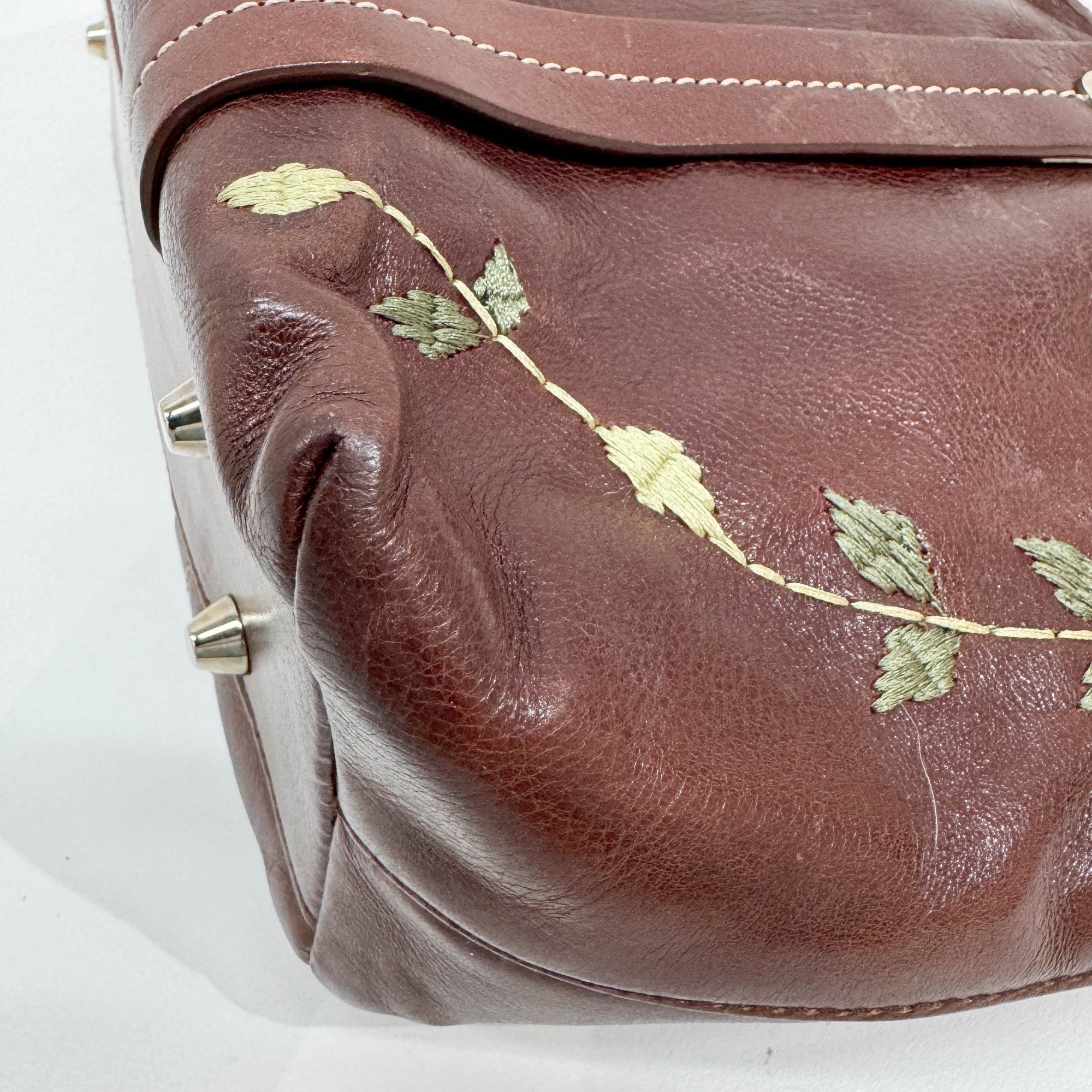 Butterfly Embroidered Brown Leather Shoulder Bag