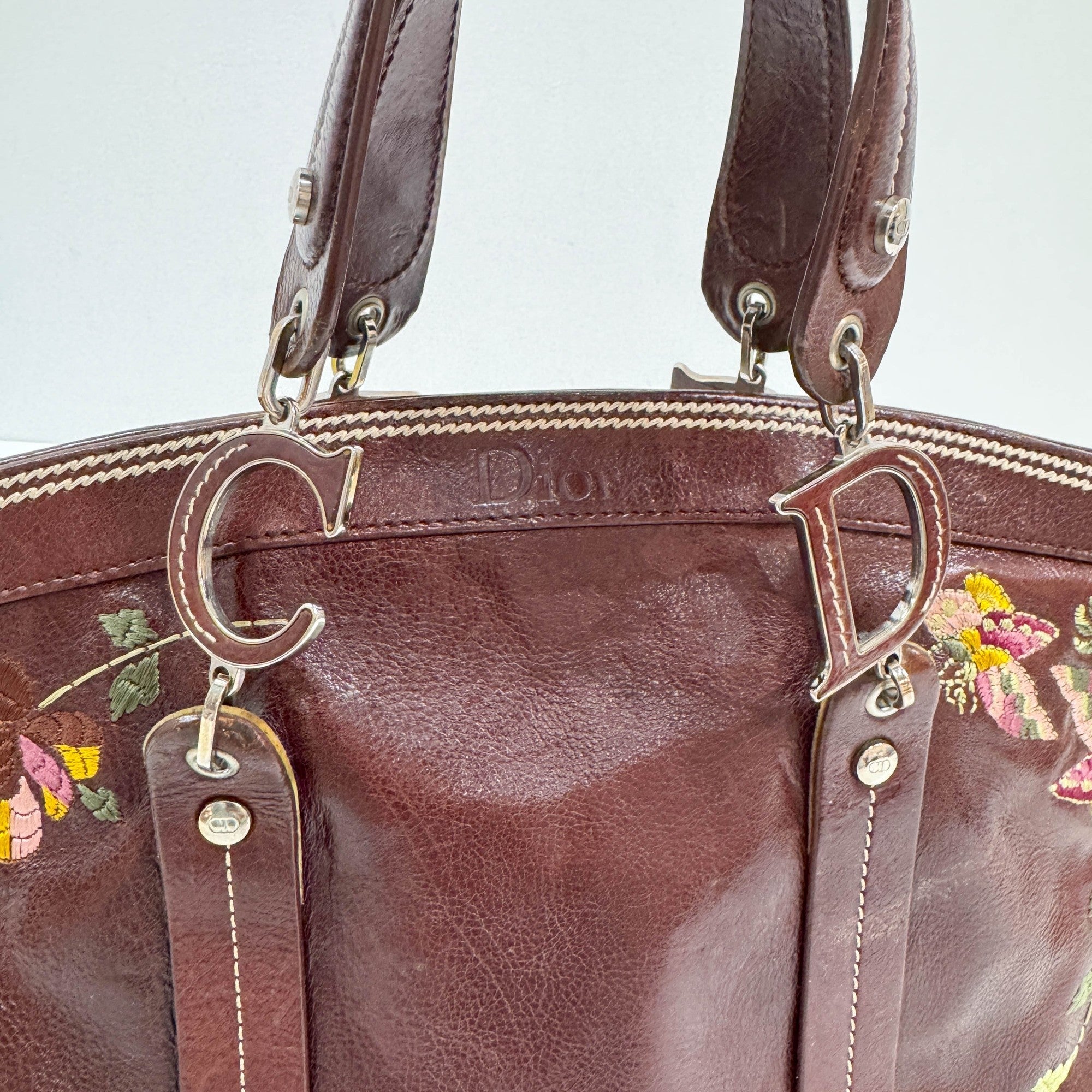 Butterfly Embroidered Brown Leather Shoulder Bag