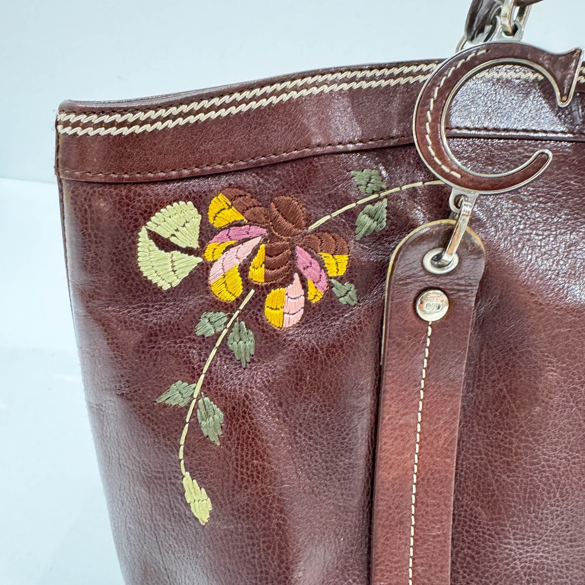 Butterfly Embroidered Brown Leather Shoulder Bag