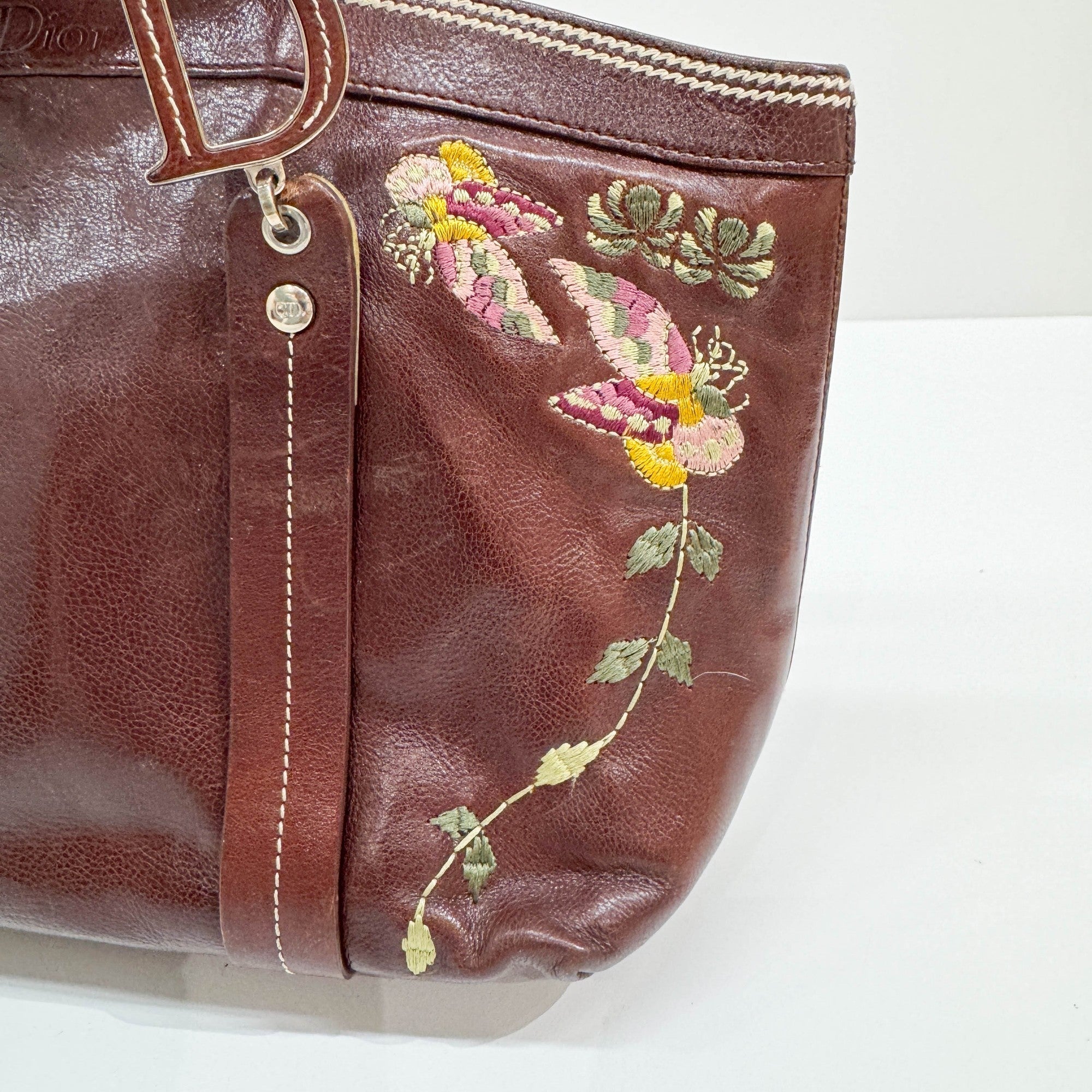 Butterfly Embroidered Brown Leather Shoulder Bag