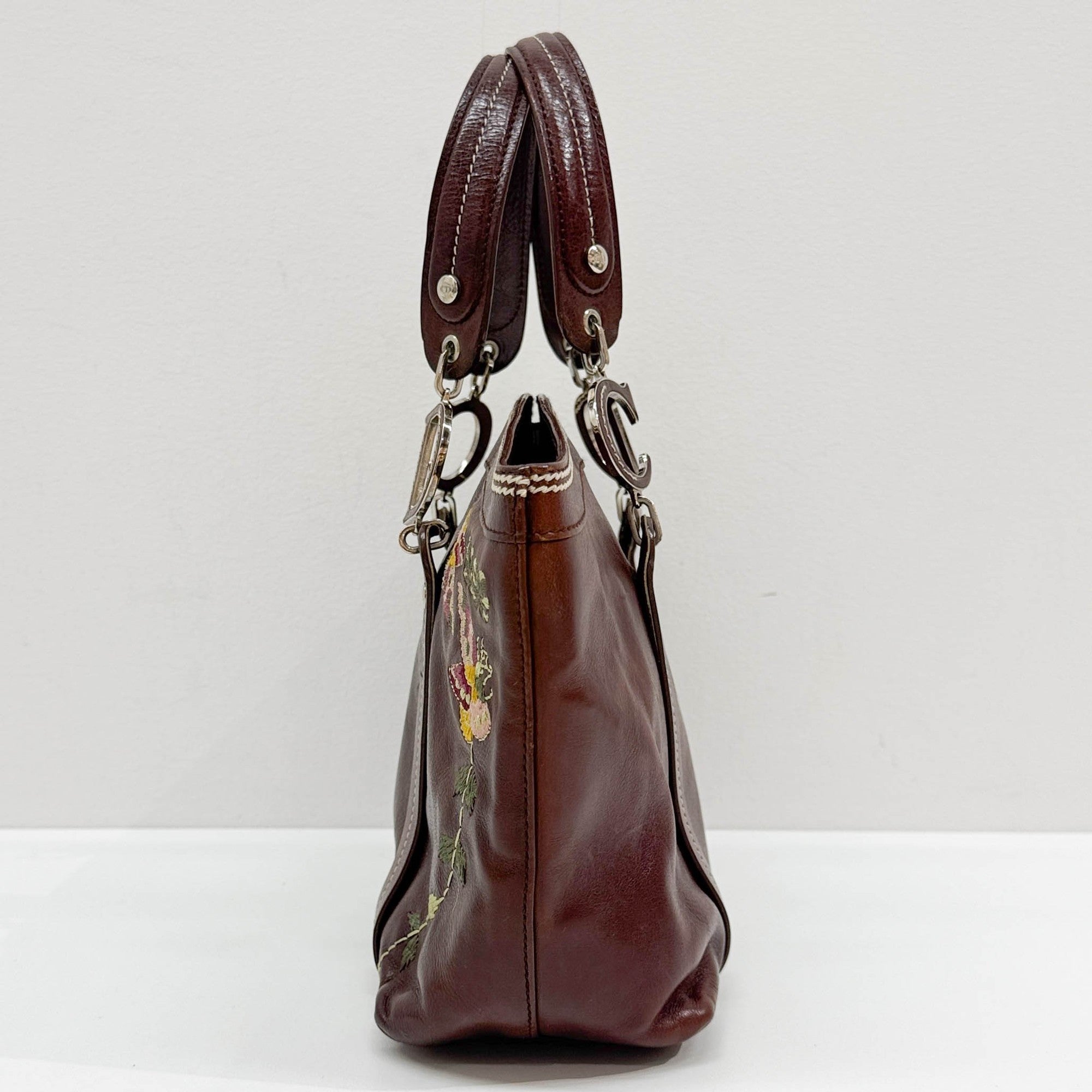 Butterfly Embroidered Brown Leather Shoulder Bag