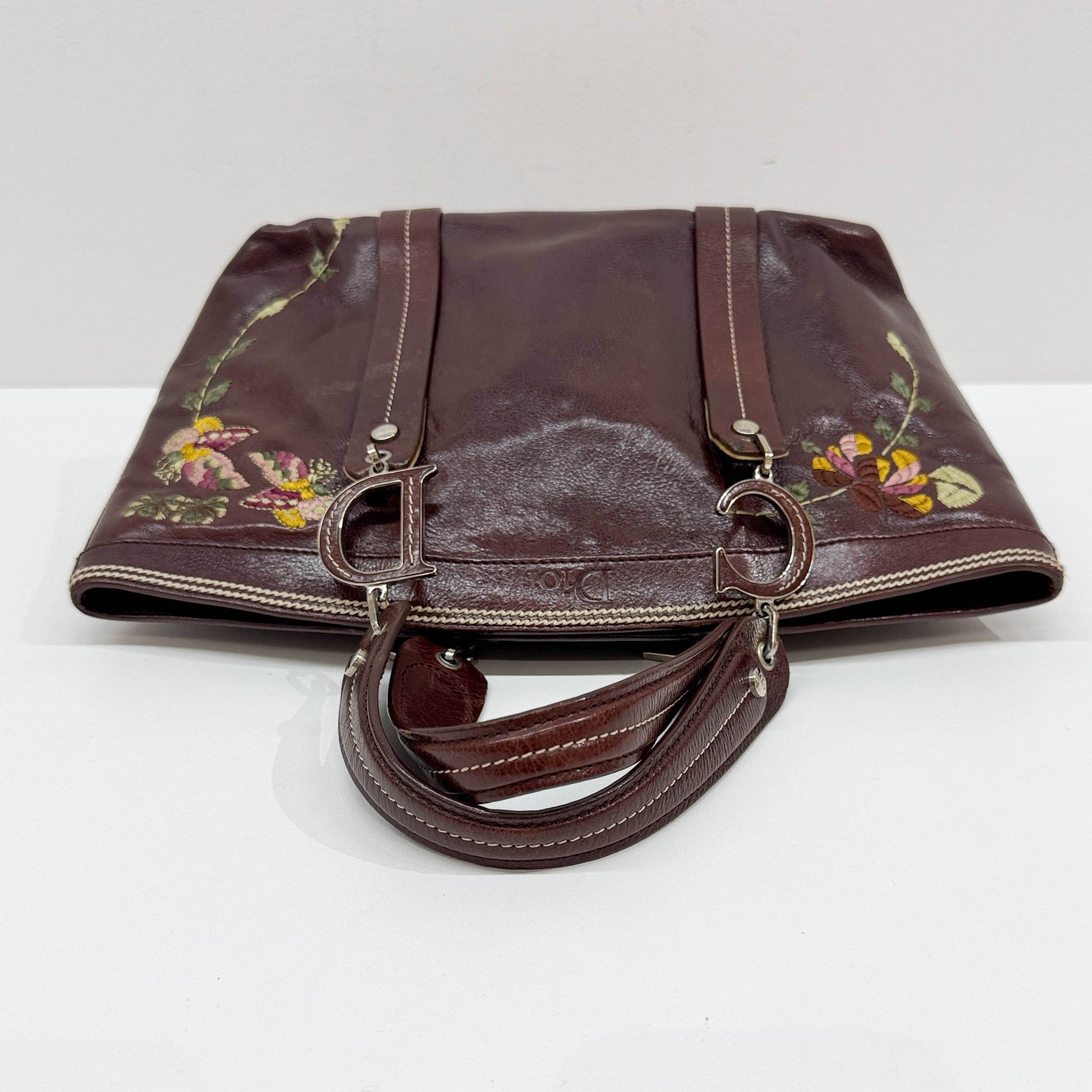 Butterfly Embroidered Brown Leather Shoulder Bag