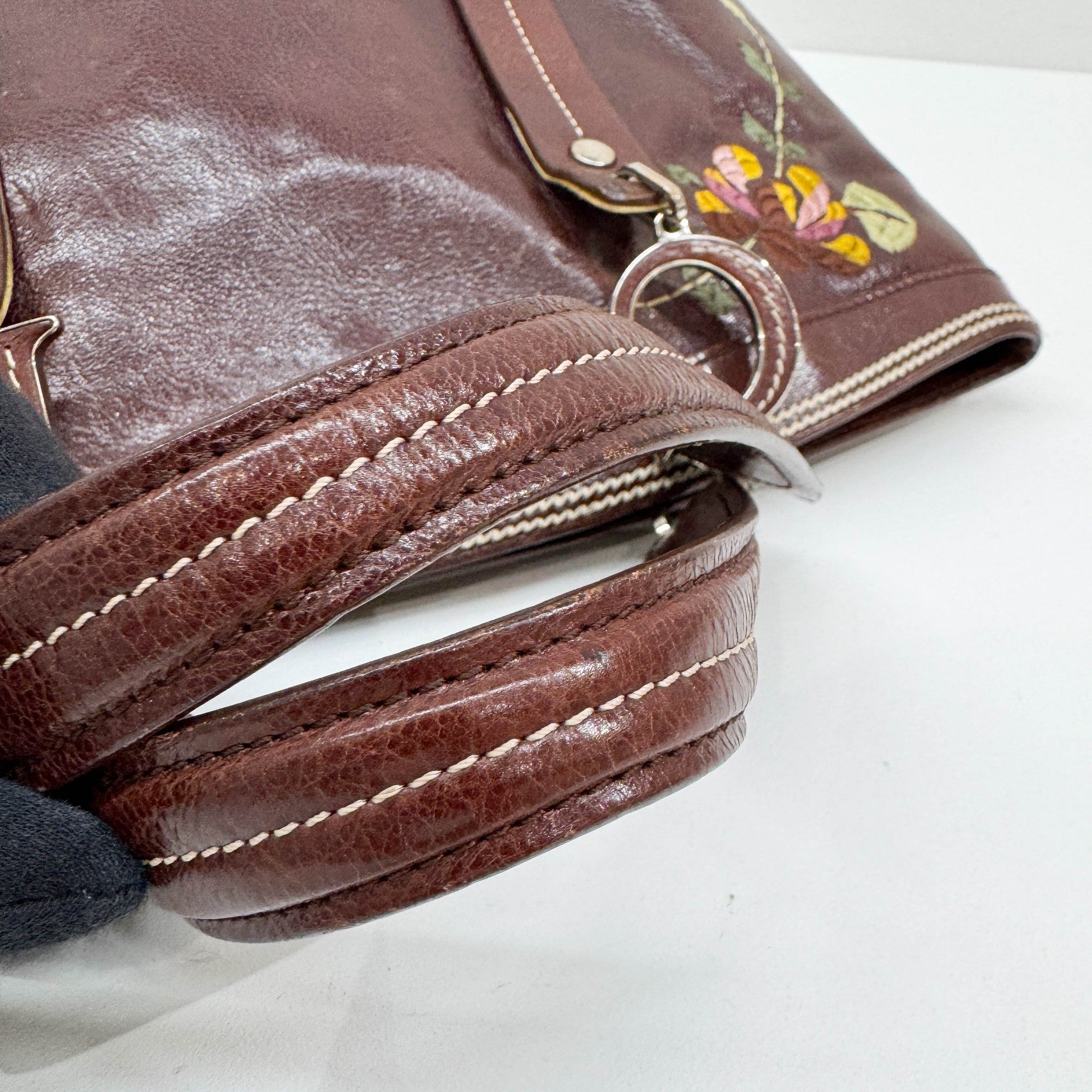 Butterfly Embroidered Brown Leather Shoulder Bag