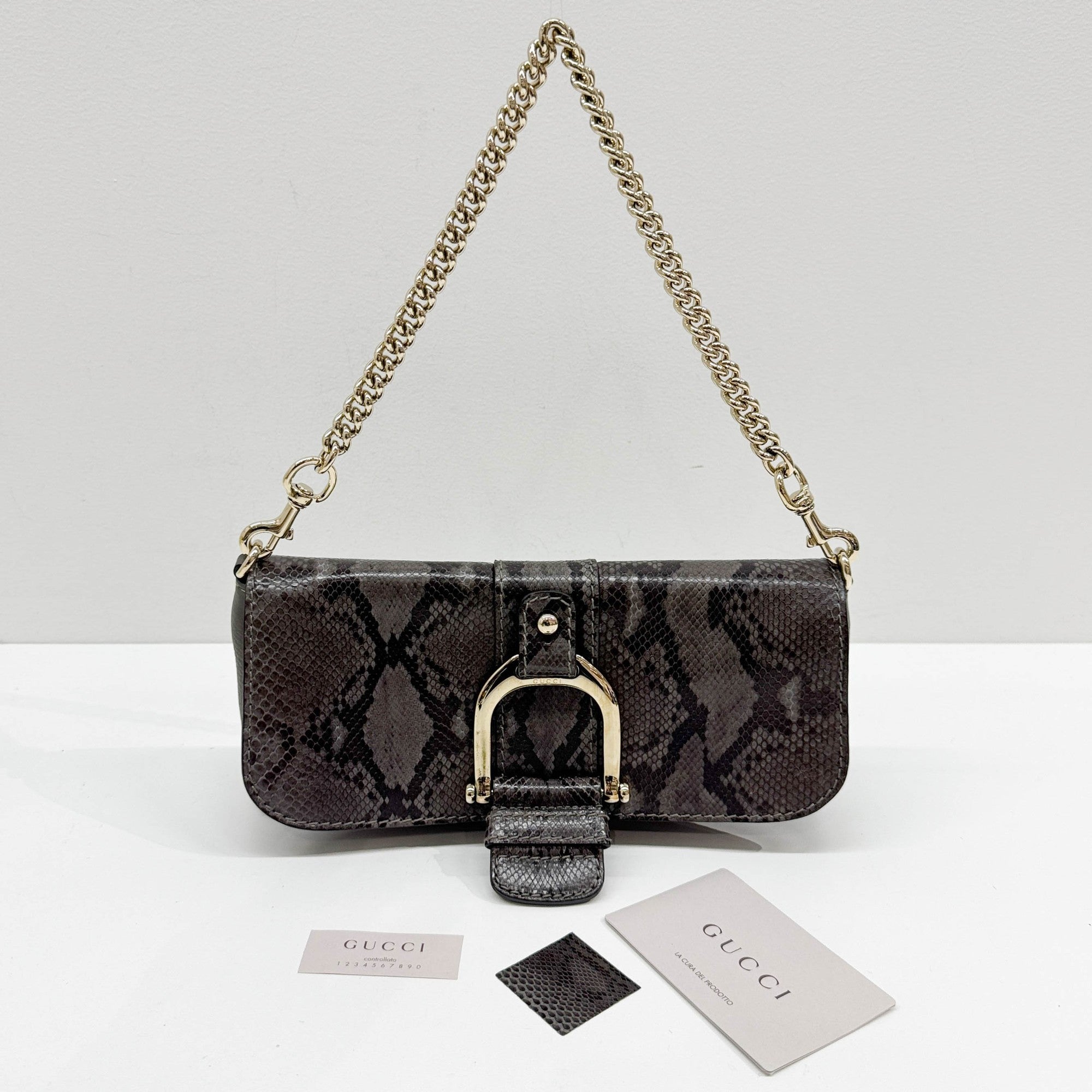 Stirrup Gray Python Embossed Leather Shoulder Bag