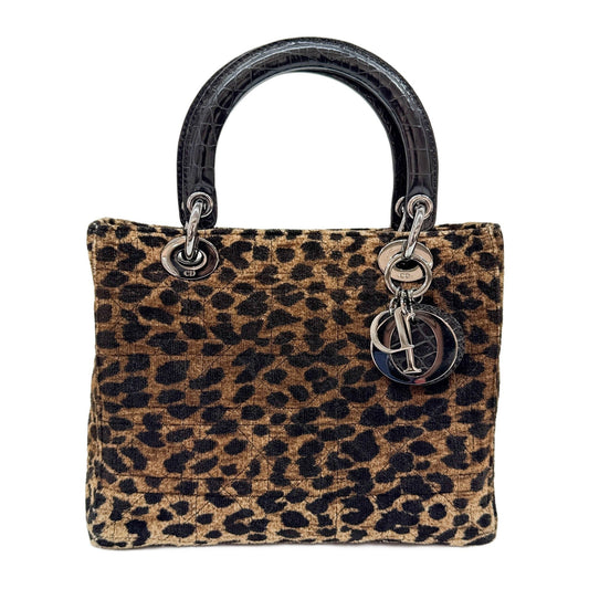 Lady Dior Brown Leopard Print Cotton Hand Bag