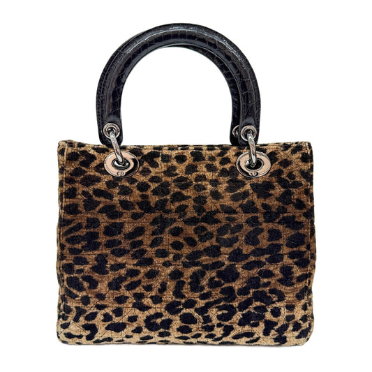 Lady Dior Brown Leopard Print Cotton Hand Bag