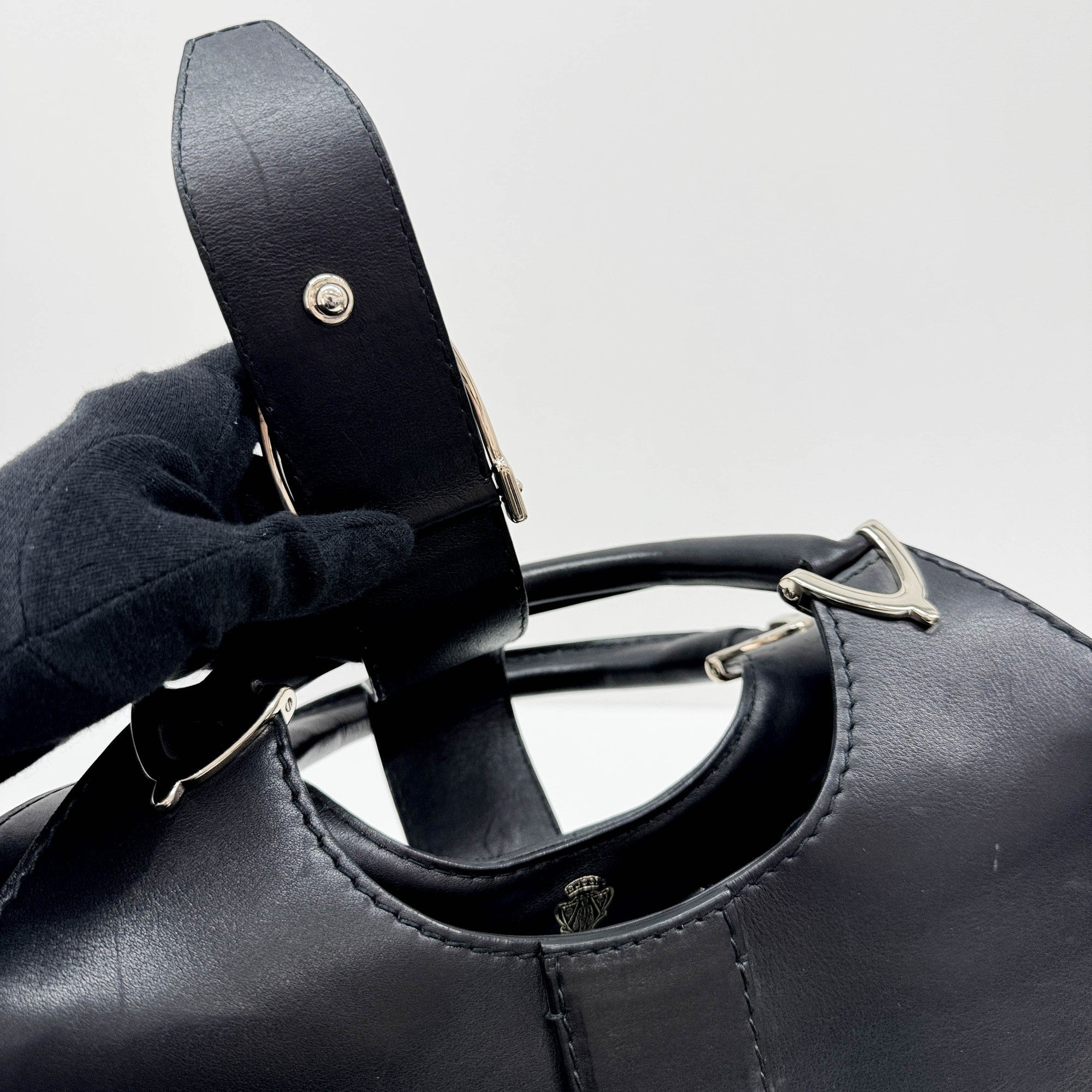 Stirrup Black Leather Hand Bag