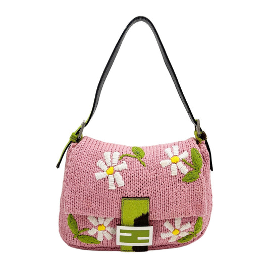 Mamma Baguette Floral Embroidery Pink Knitted Shoulder Bag