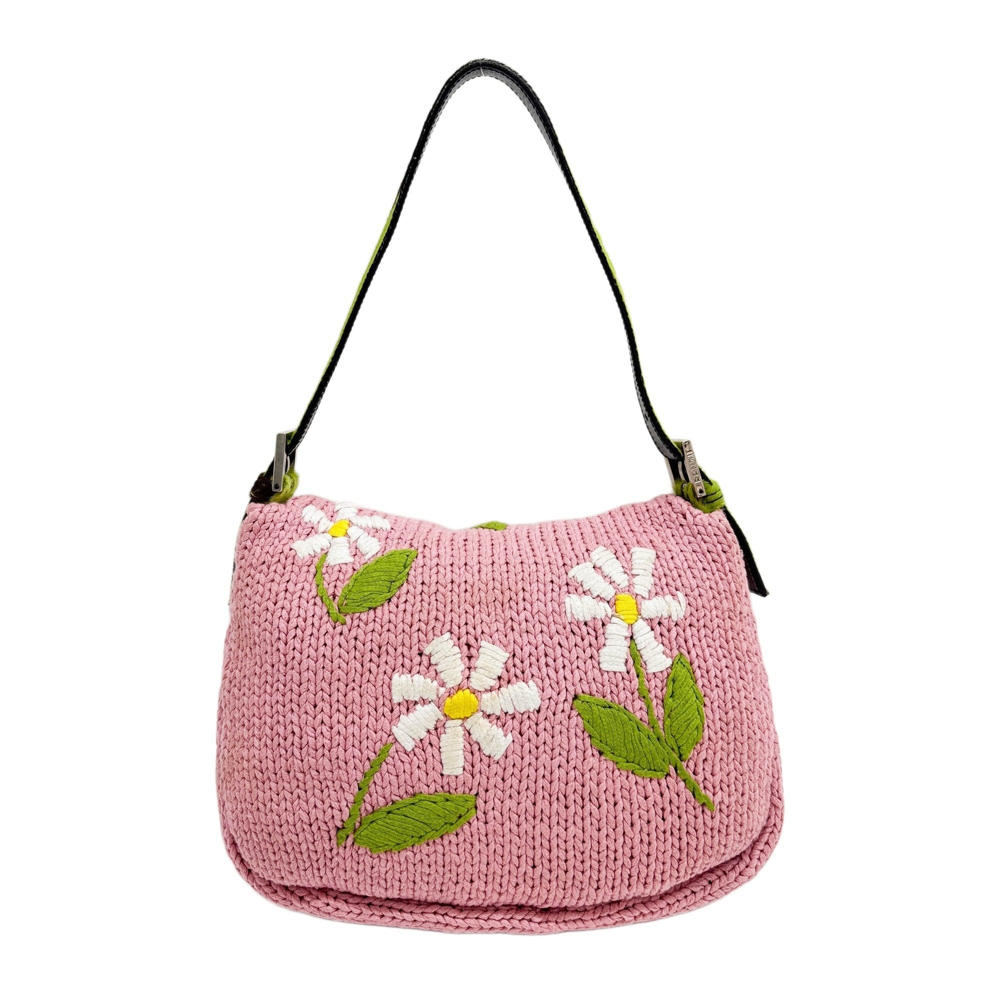 Mamma Baguette Floral Embroidery Pink Knitted Shoulder Bag