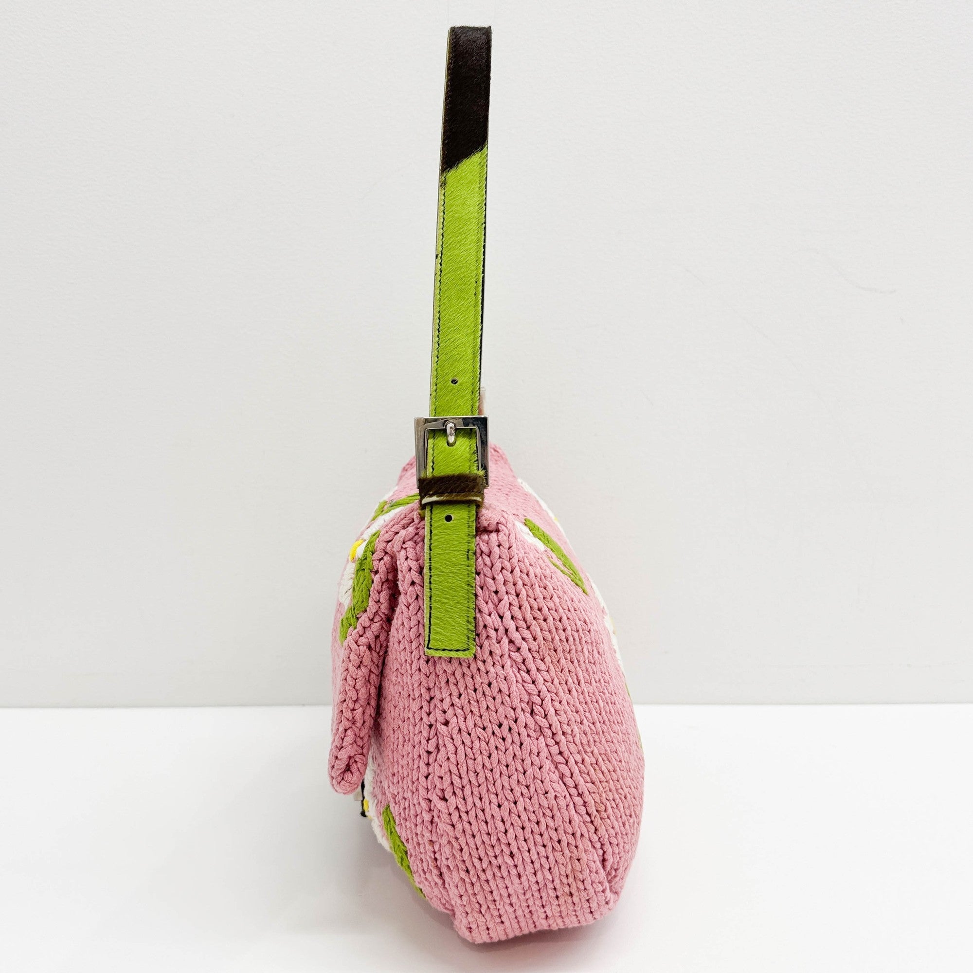 Mamma Baguette Floral Embroidery Pink Knitted Shoulder Bag