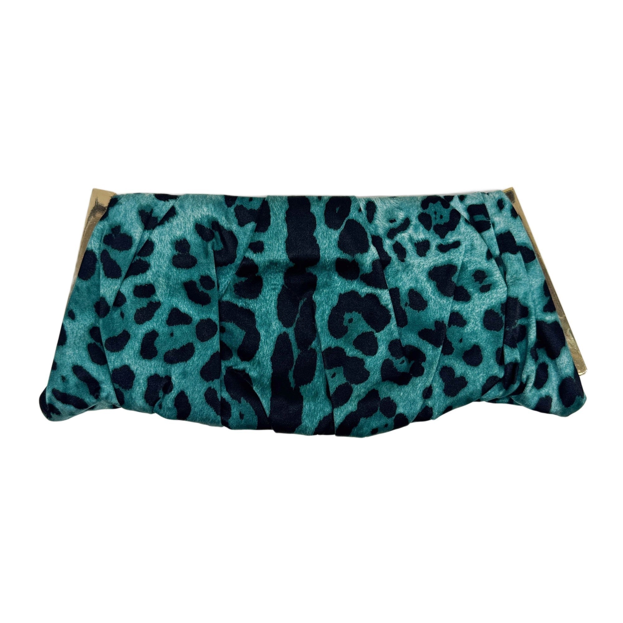 Turquoise Leopard Print Satin Clutch Bag