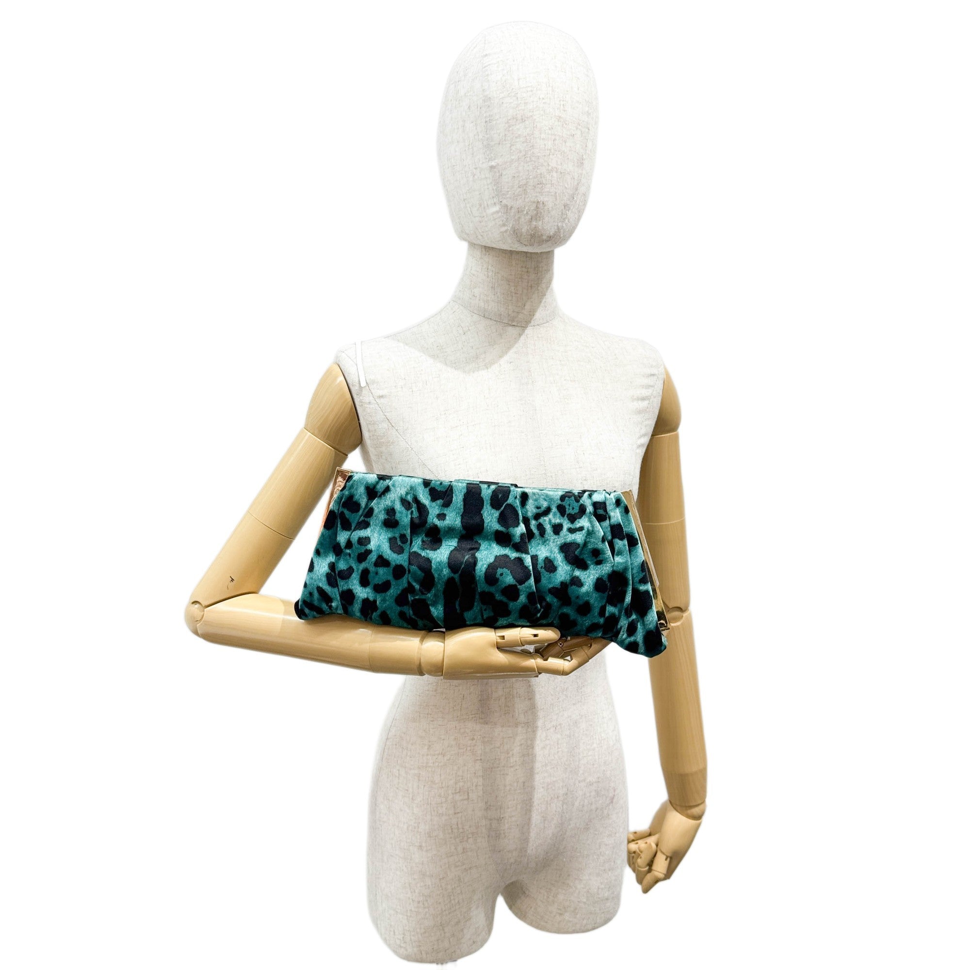 Turquoise Leopard Print Satin Clutch Bag