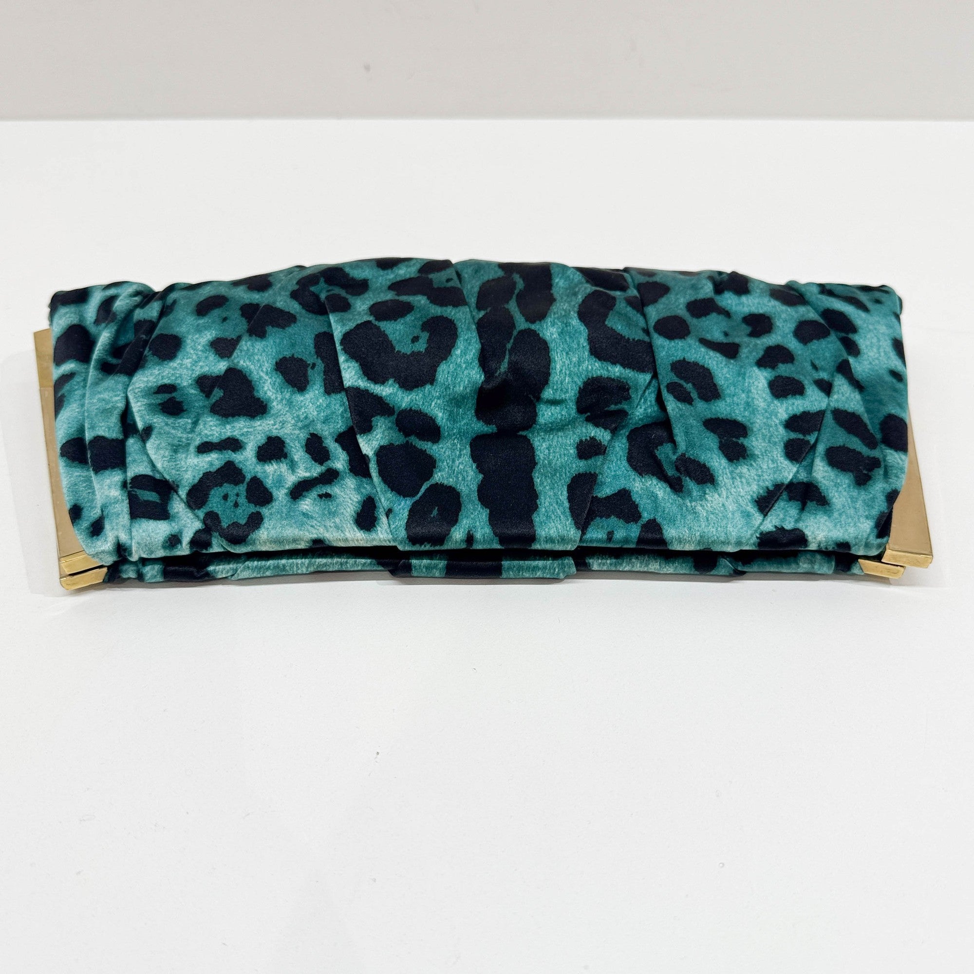Turquoise Leopard Print Satin Clutch Bag