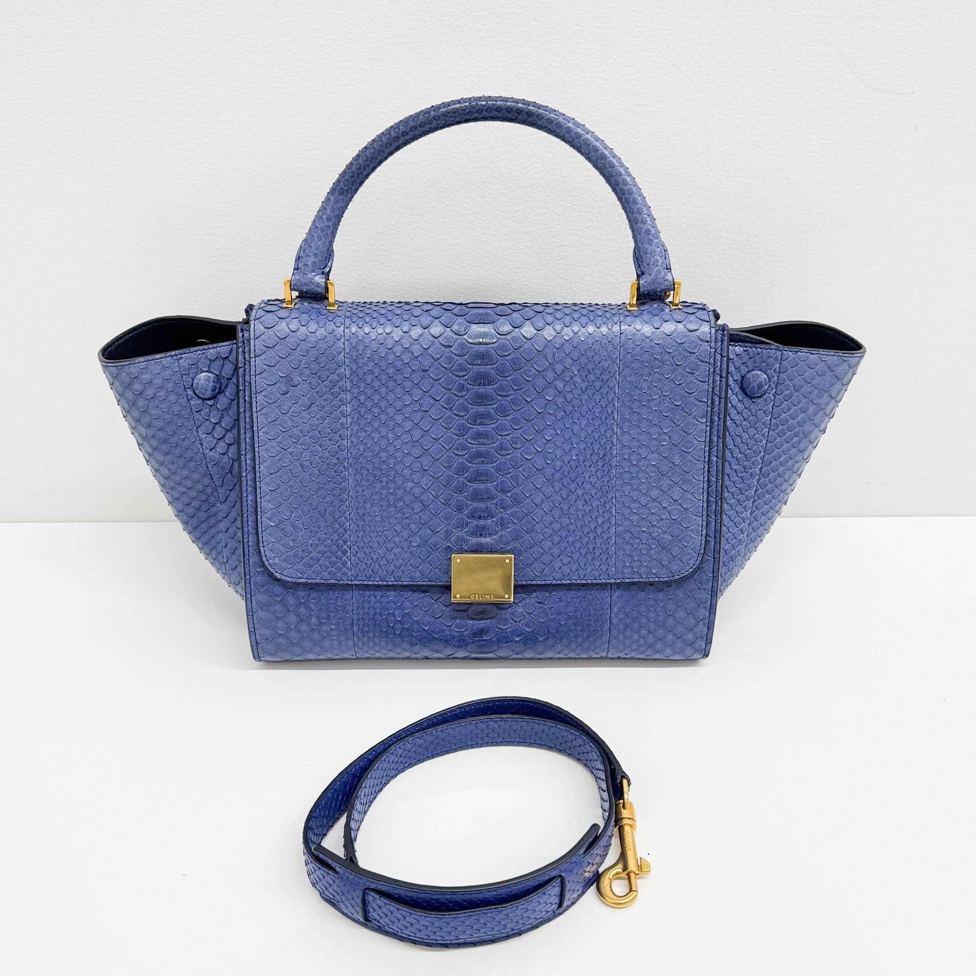 Trapeze Blue Python Embossed Leather Two Way Bag