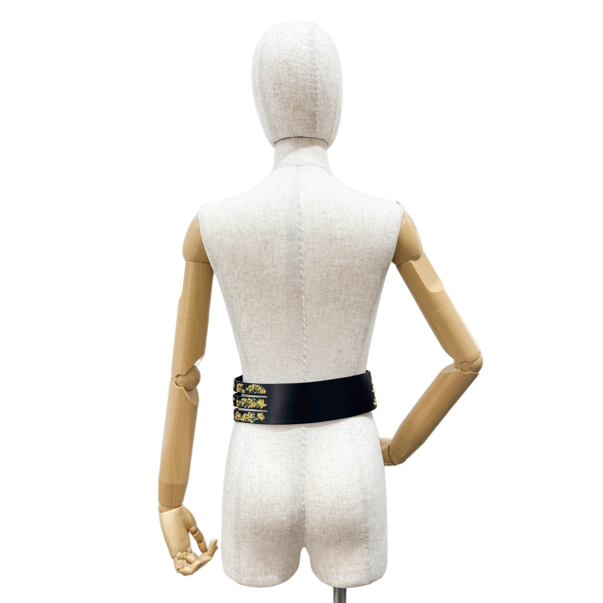 Size 70cm Flower Embroidered Black Leather Belt