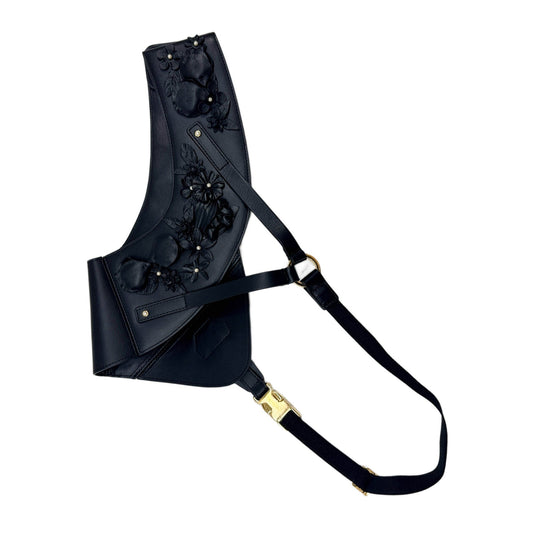 One Size Floral Applique Black Leather Harness