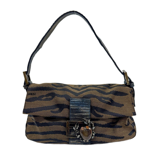 Baguette Crab Decore Brown Zebra Canvas Shoulder Bag