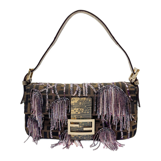 Baguette Beaded Embroidery Brown Zucca Canvas Shoulder Bag
