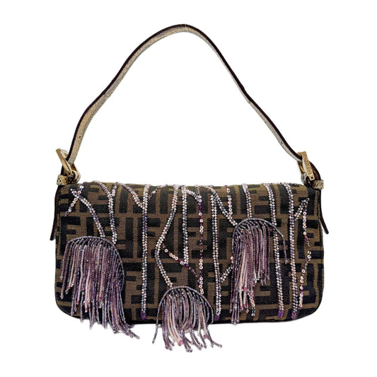 Baguette Beaded Embroidery Brown Zucca Canvas Shoulder Bag