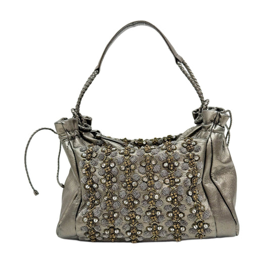 Beaded & Rhinestone Decore Light Khaki Metallic Leather Hand Bag