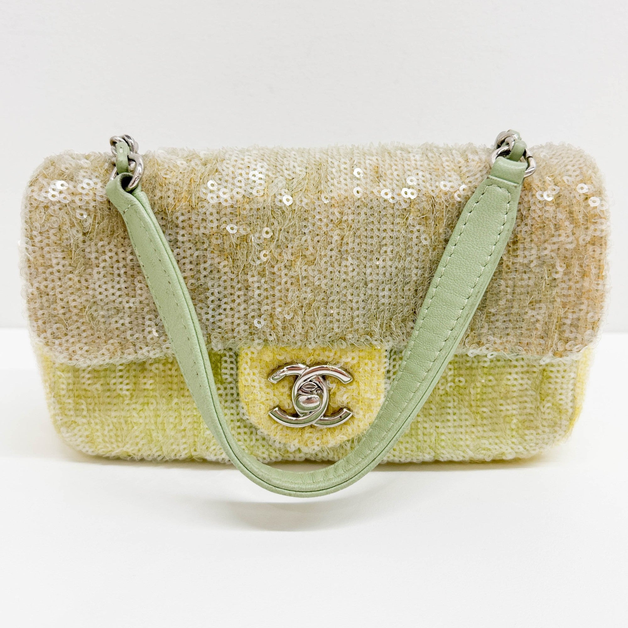 Mini Classic Flap Waterfall Green Sequin Shoulder Bag