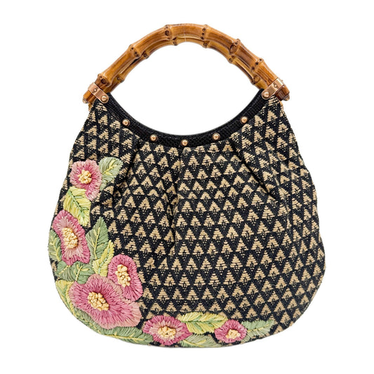 Bamboo Flower Embroidery Multicolor Triangle Canvas Hand Bag