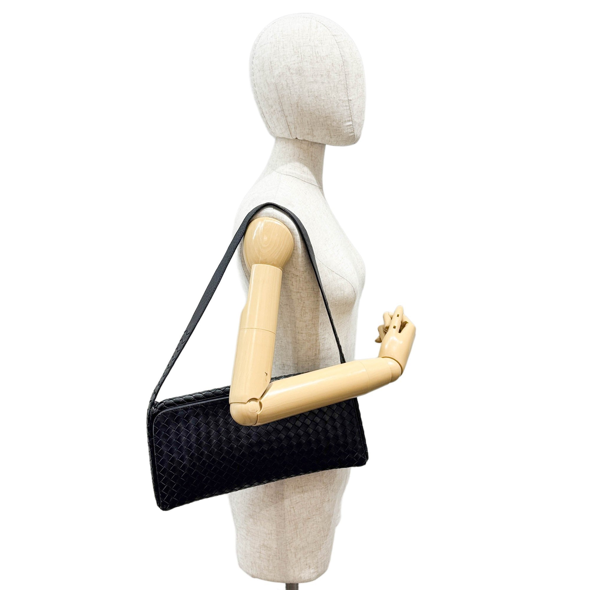 Intrecciato Black Leather Shoulder Bag